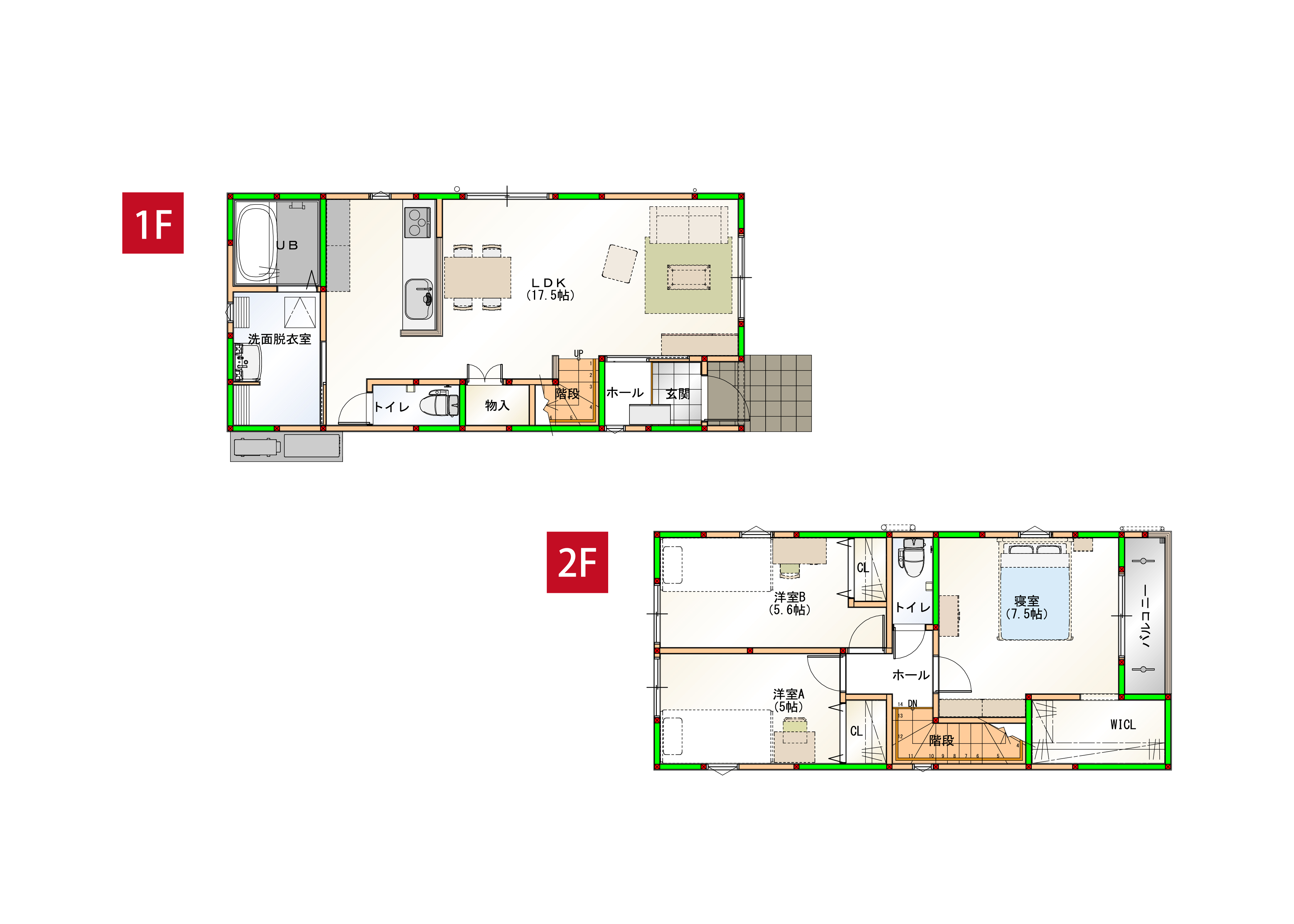 水回りを近くすることで家事導線を短くしました♪各部屋に収納付きで空間をすっきりさせられます！