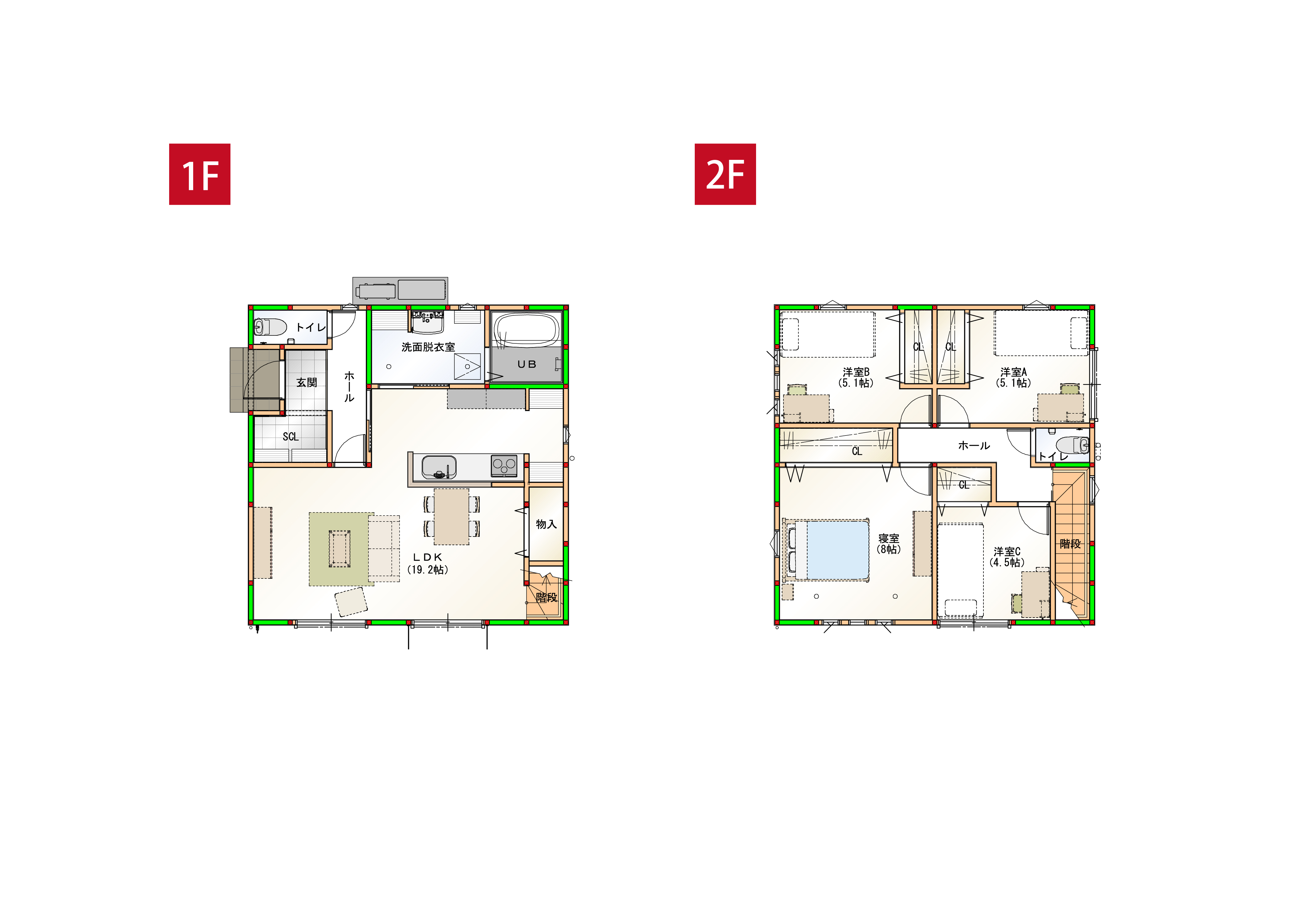 水回りを近くすることで家事導線を短くしました♪各部屋に収納付きで空間をすっきりさせられます！