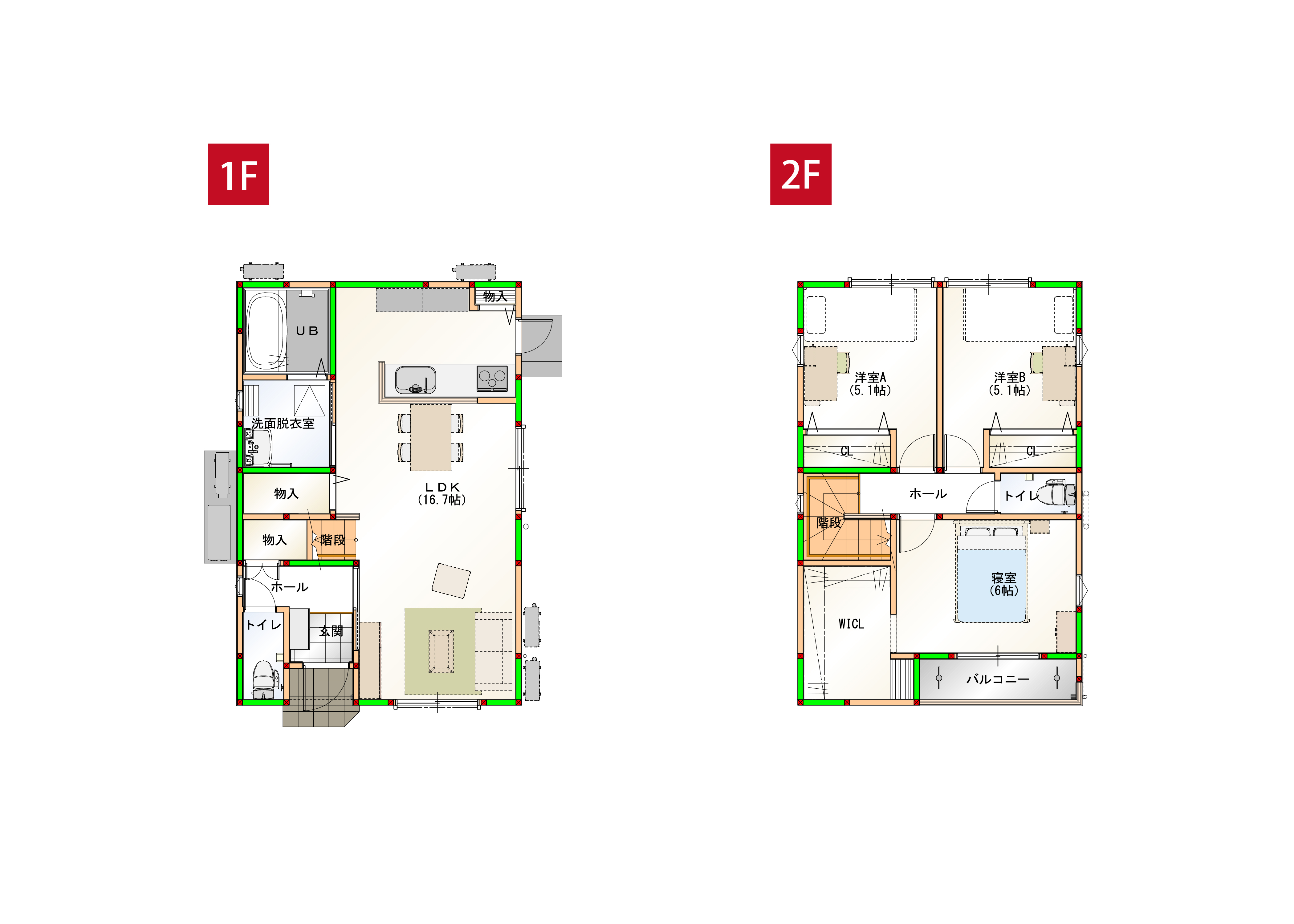 水回りを近くすることで家事導線を短くしました♪各部屋に収納付きで空間をすっきりさせられます！