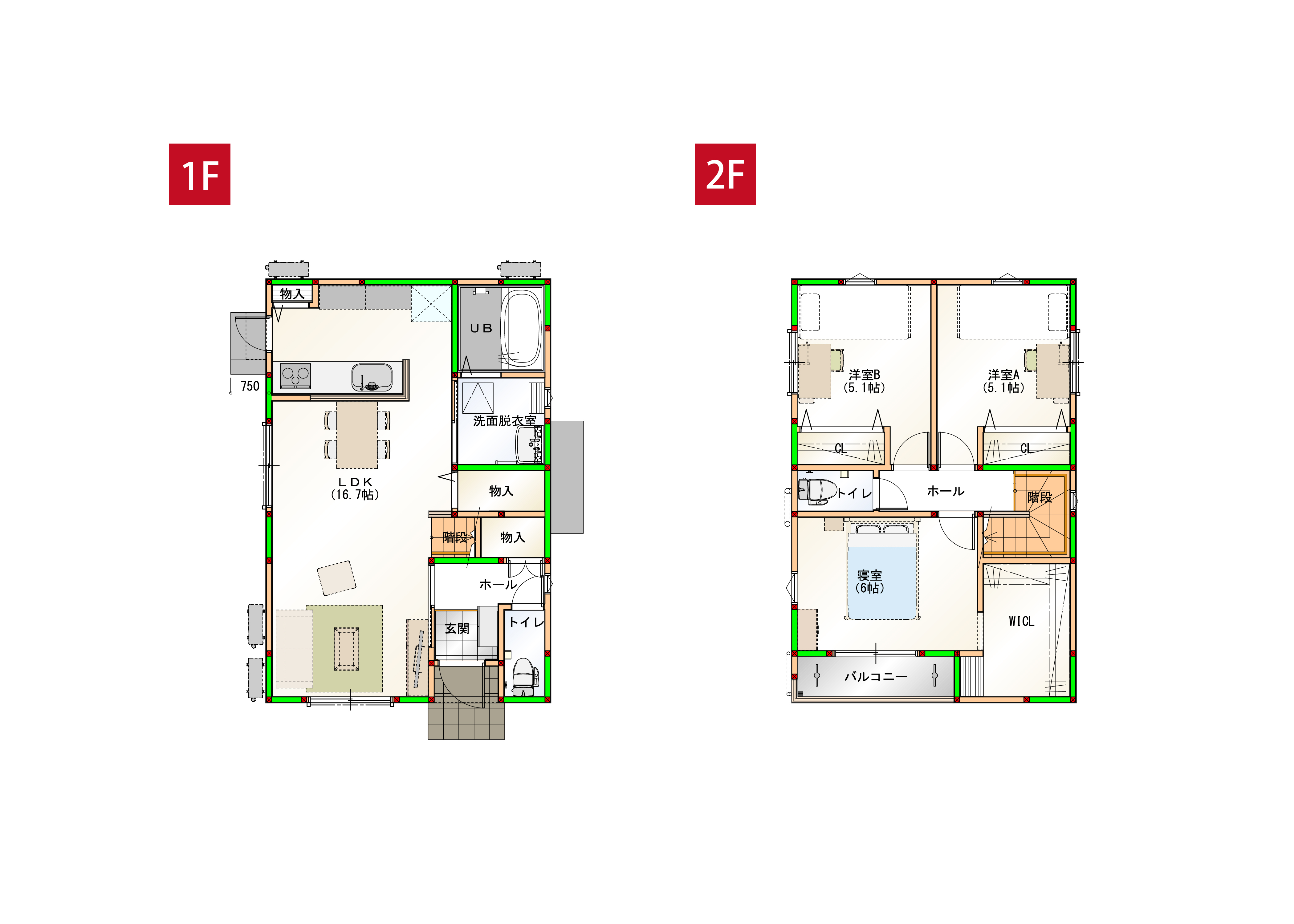 水回りを近くすることで家事導線を短くしました♪各部屋に収納付きで空間をすっきりさせられます！