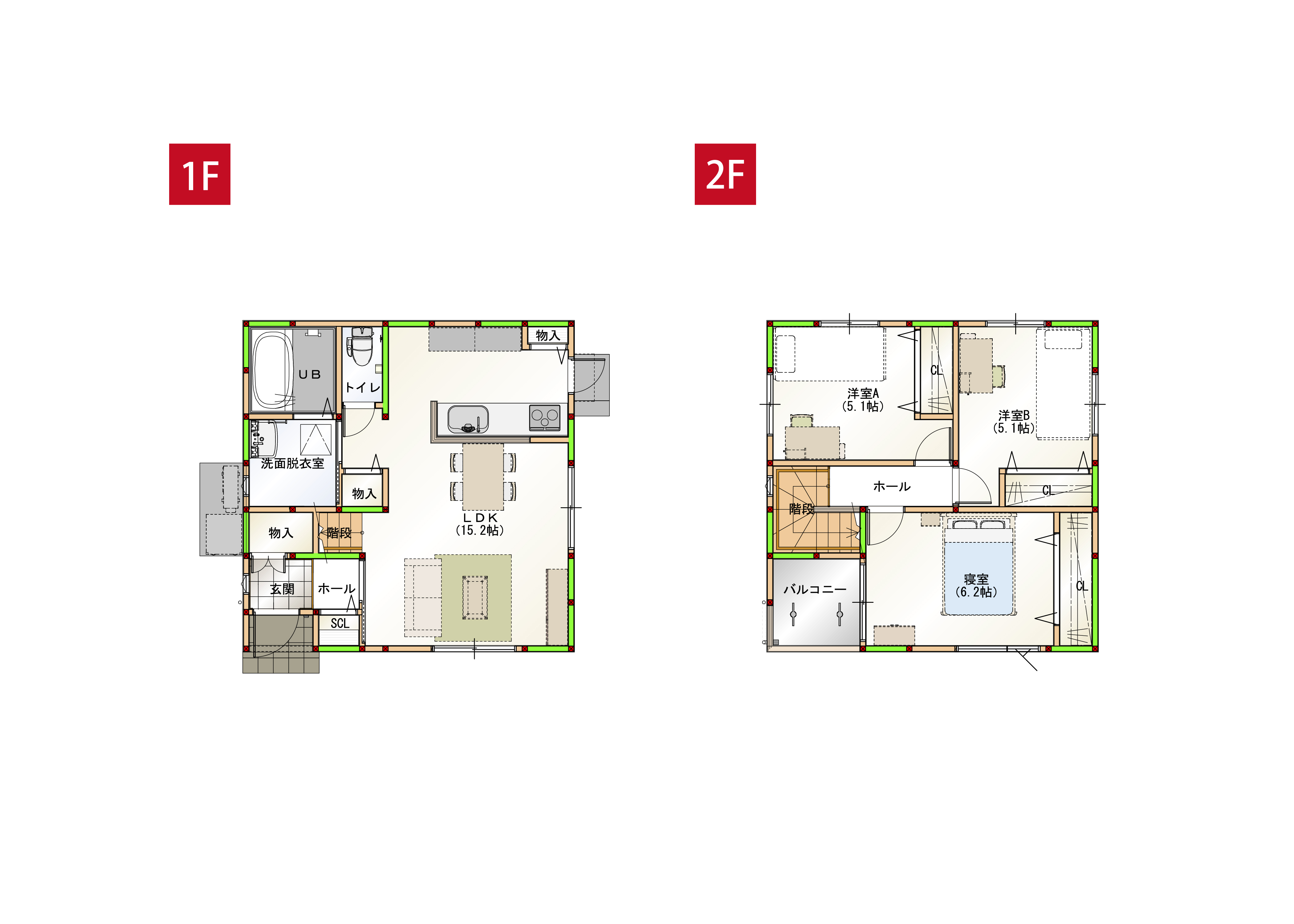 コンパクトながら水回りをまとめた家事ラク導線に、全居室収納を兼ね備えた暮らしやすい間取りです。※画像はイメージです。