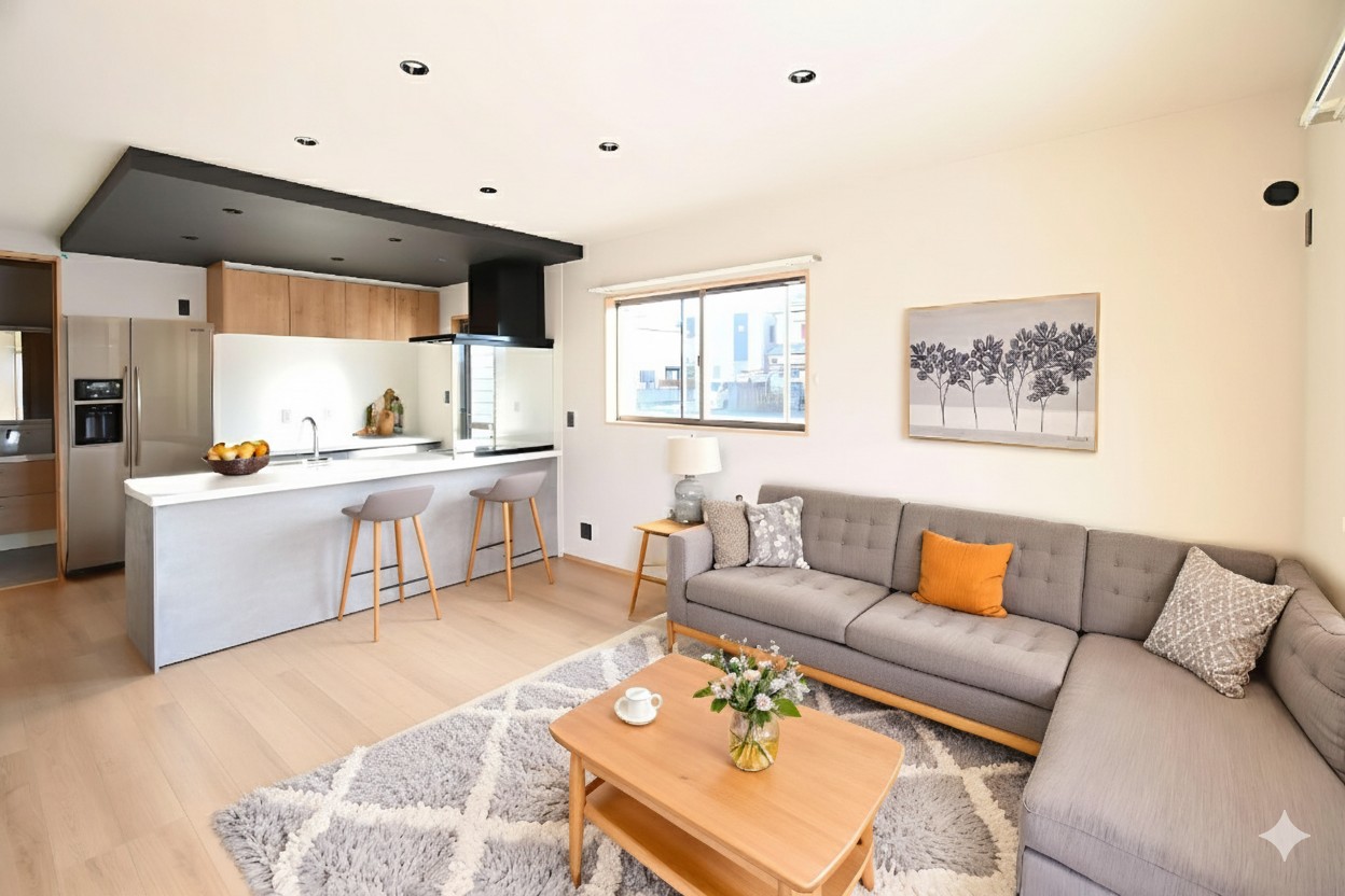 【洗練されたLDK空間】スタイリッシュなグレークロスとブラックアクセントが映える、開放感あふれるリビング。ハイドアが空間をすっきりと魅せ、上質感あるひとときを演出します。※CGにて家具を設置しています。