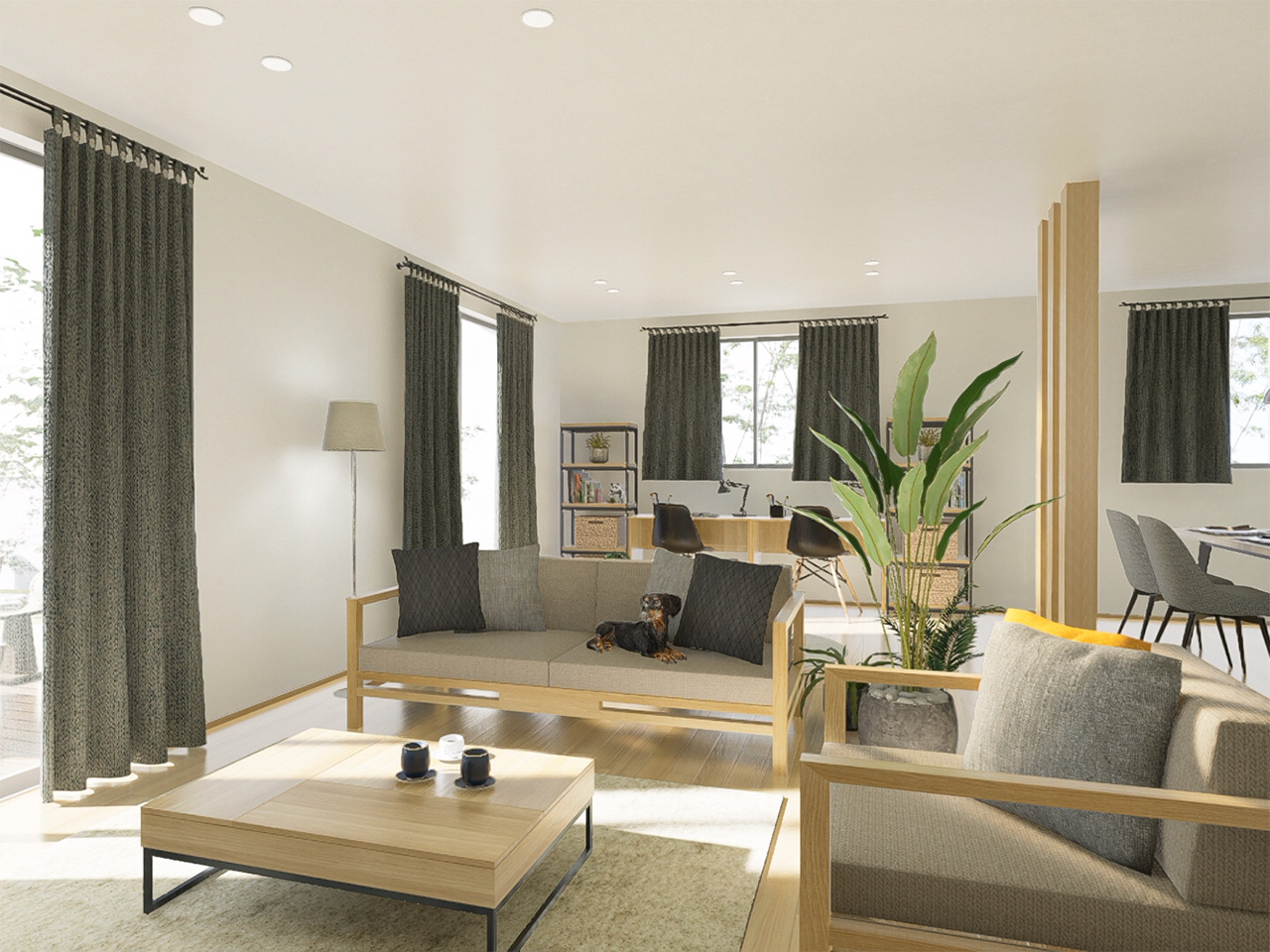 家族が集まるリビングは広々30帖! ご家族が自然に集まれる空間を考えました。大切なお家時間も自然に演出。※施工事例です。実物とは異なります。