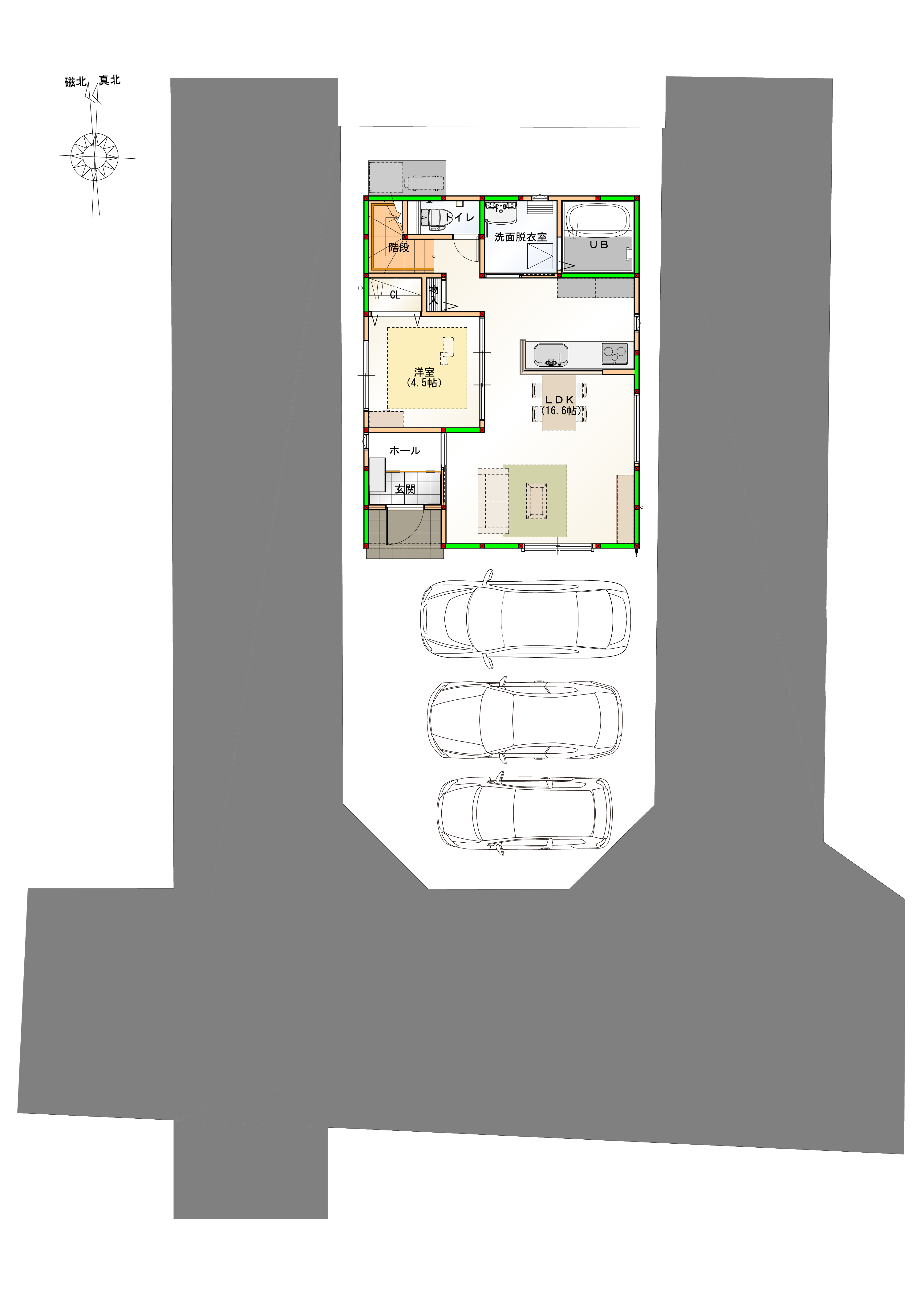 駐車スペースは３台になります。