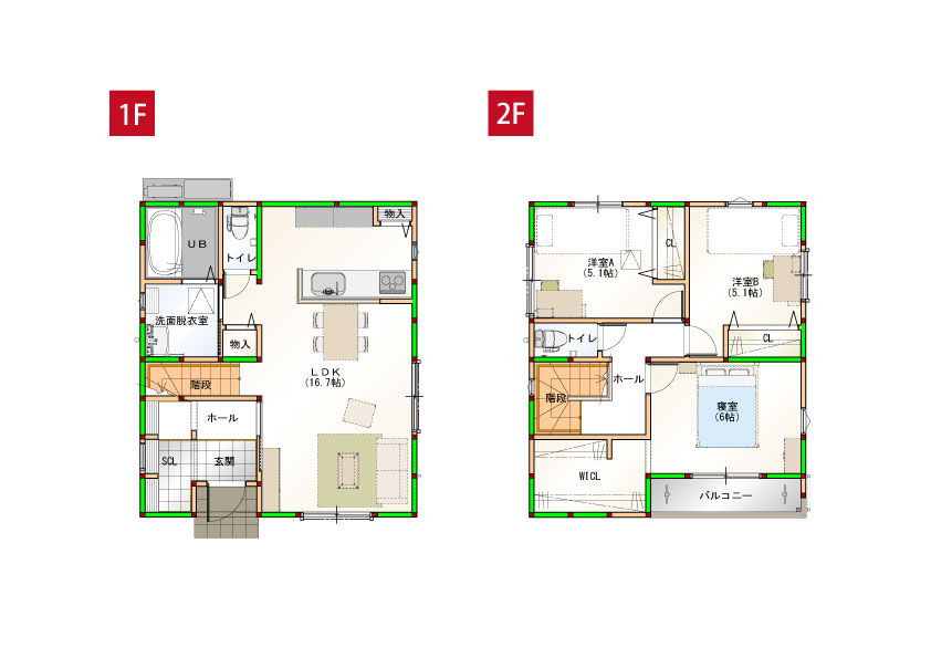 水回りを近くすることで家事導線を短くしました♪各部屋に収納付きで空間をすっきりさせられます！