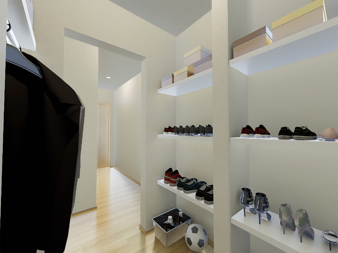 玄関を入るとすぐに、大容量の収納スペースがあります。目隠しドア付きなので、来客時も安心です。※施工事例です。実物とは異なります。