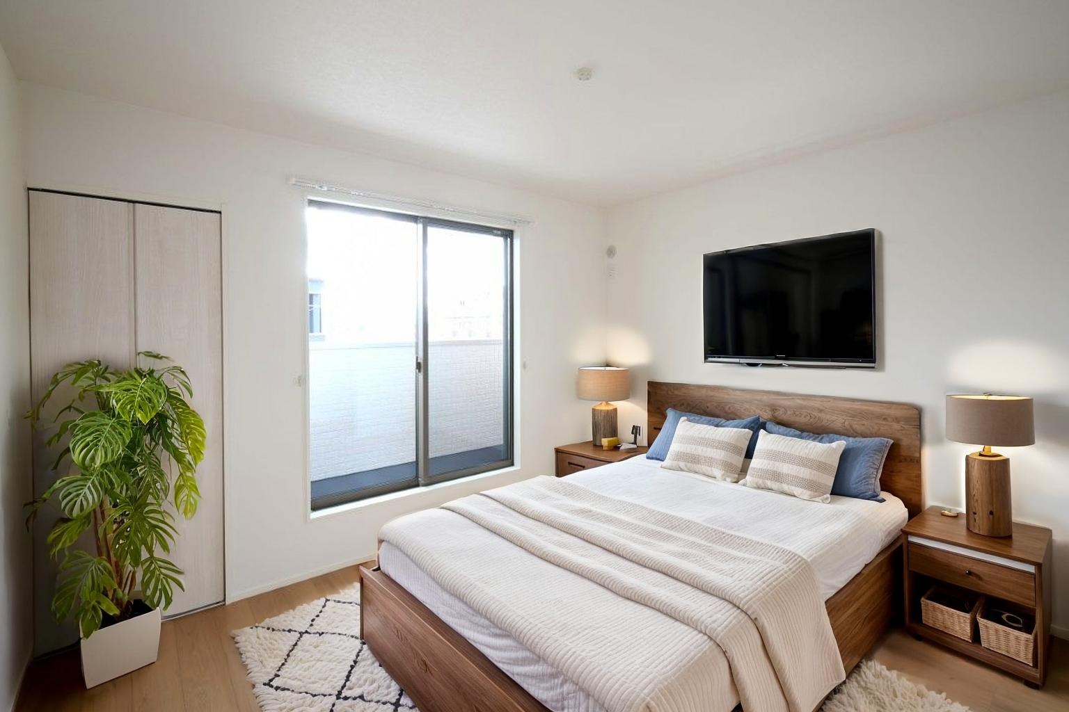 主寝室は広々していて安らげる空間に。大きな窓から光が差し込み、朝の目覚めも良さそう♪。※施工事例です。実物とは異なります。詳しくはお問い合わせください。「※CGにて家具を配置しています」