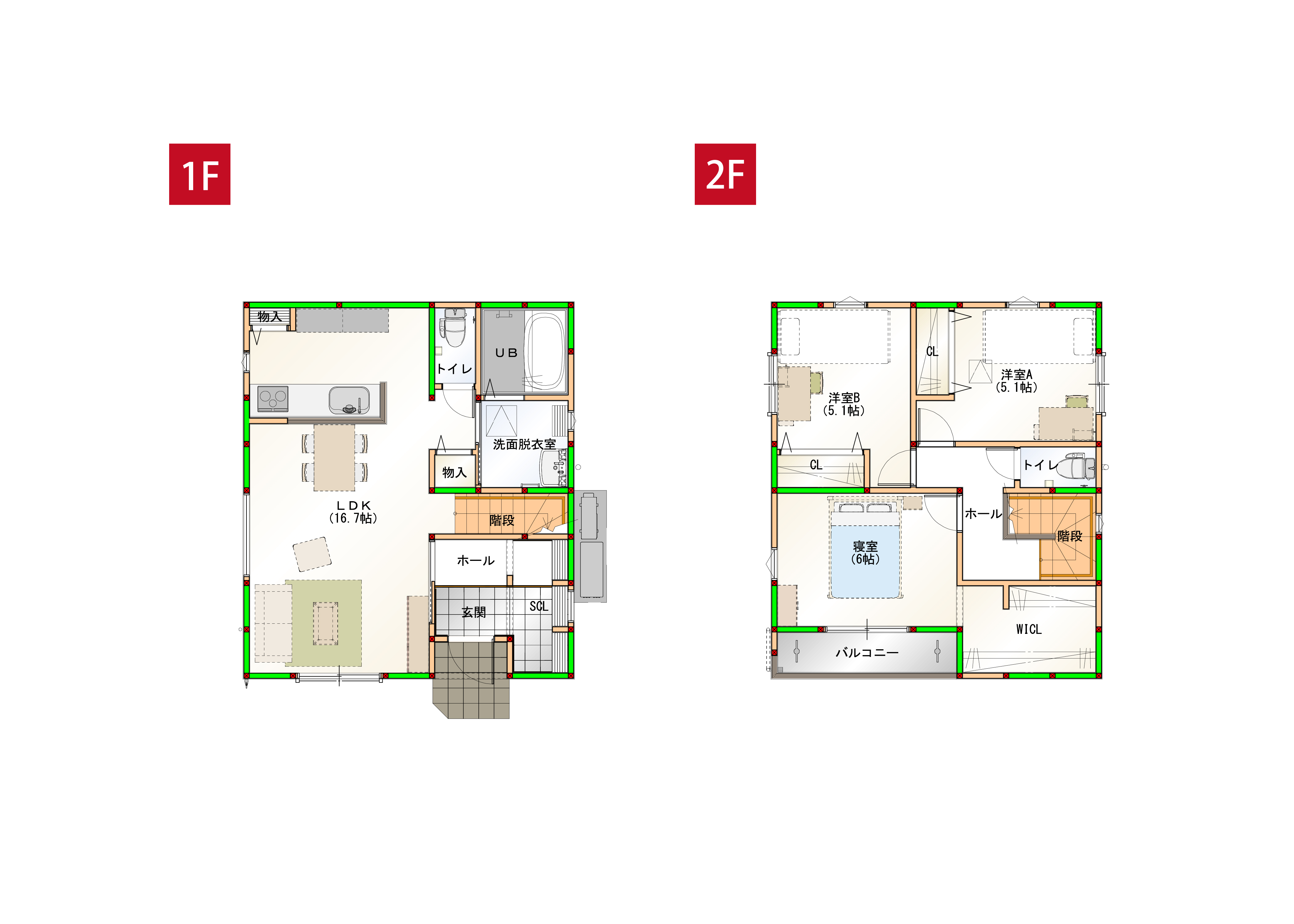 水回りを近くすることで家事導線を短くしました♪各部屋に収納付きで空間をすっきりさせられます！