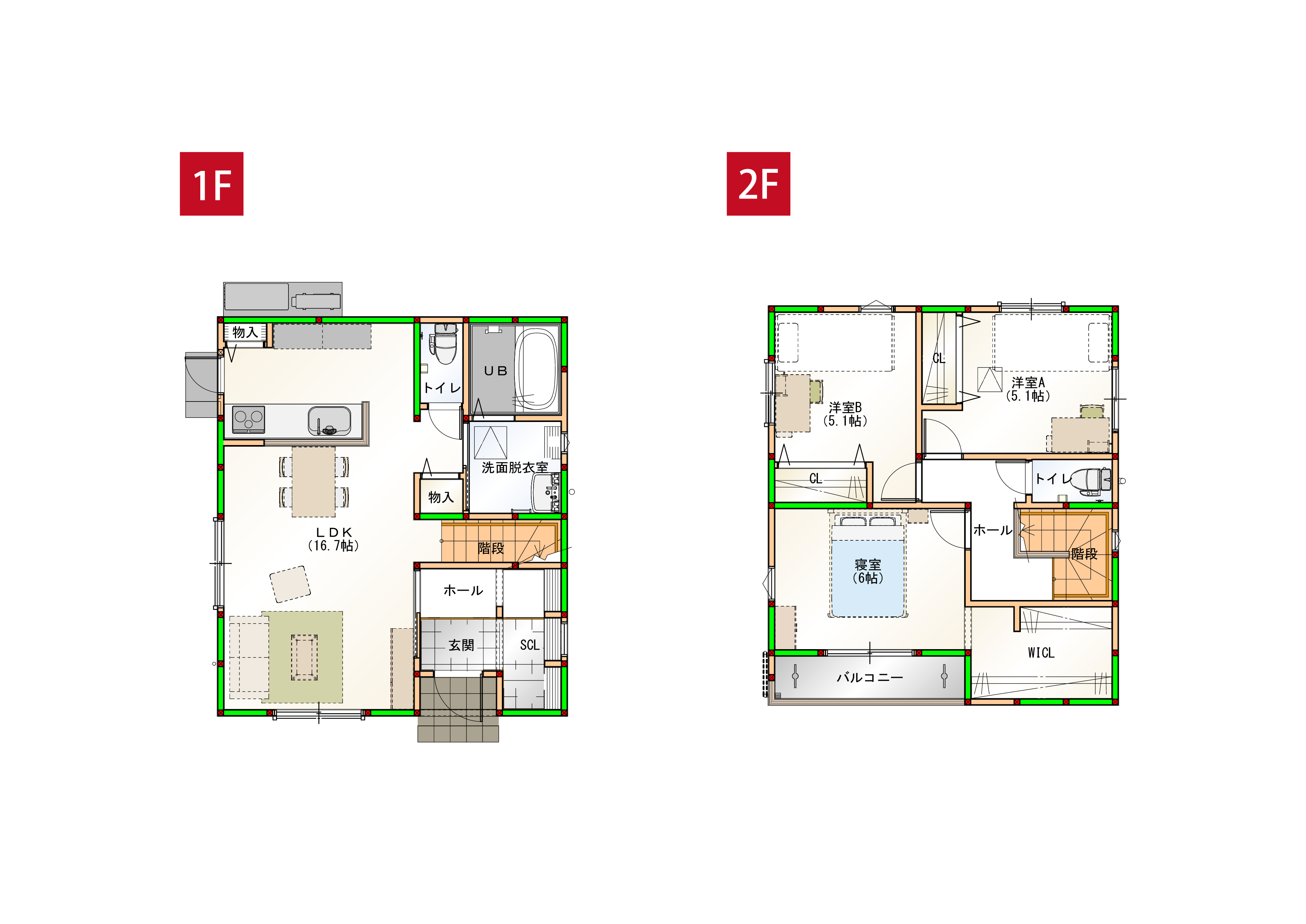 水回りを近くすることで家事導線を短くしました♪各部屋に収納付きで空間をすっきりさせられます！