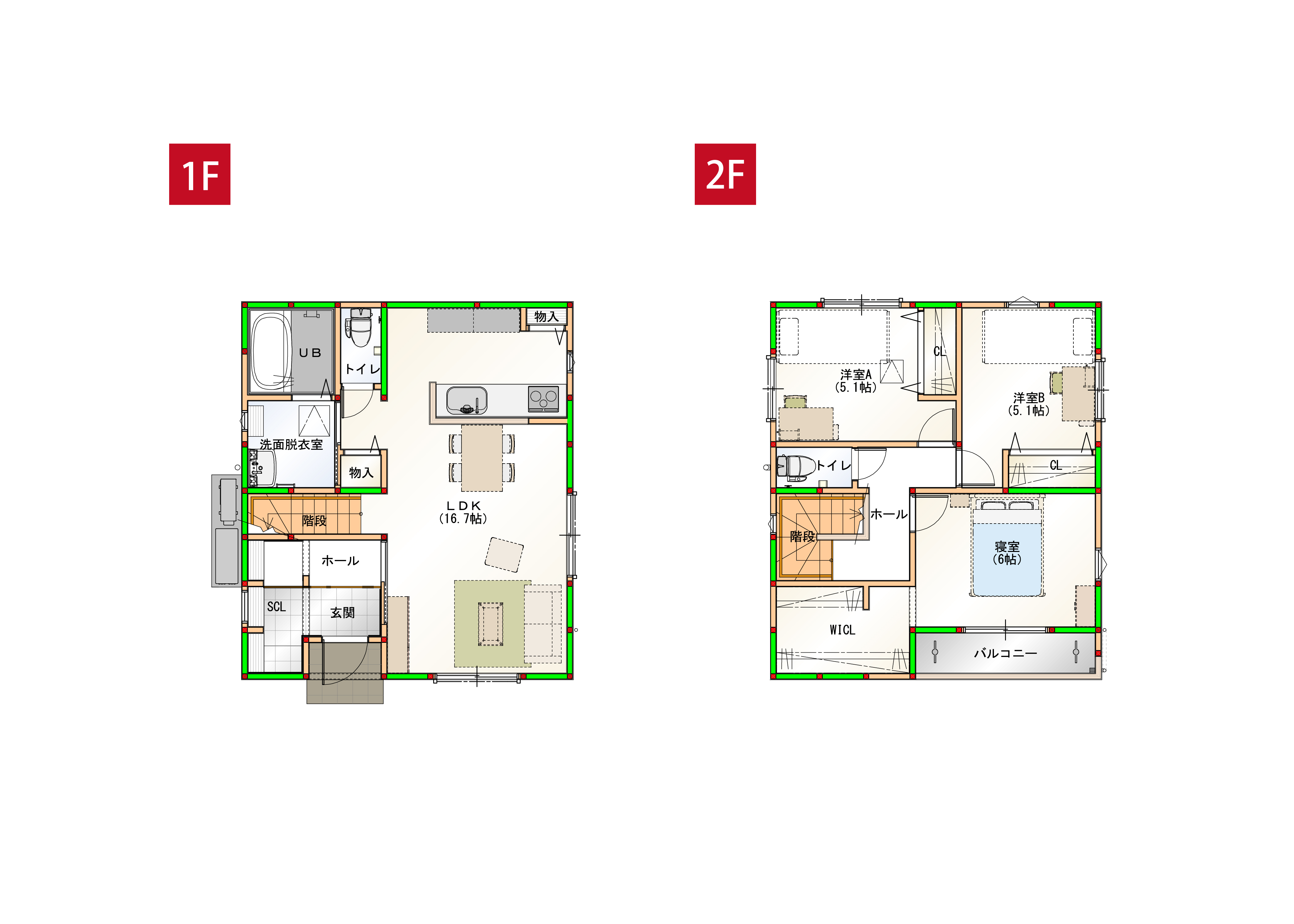 水回りを近くすることで家事導線を短くしました♪各部屋に収納付きで空間をすっきりさせられます！