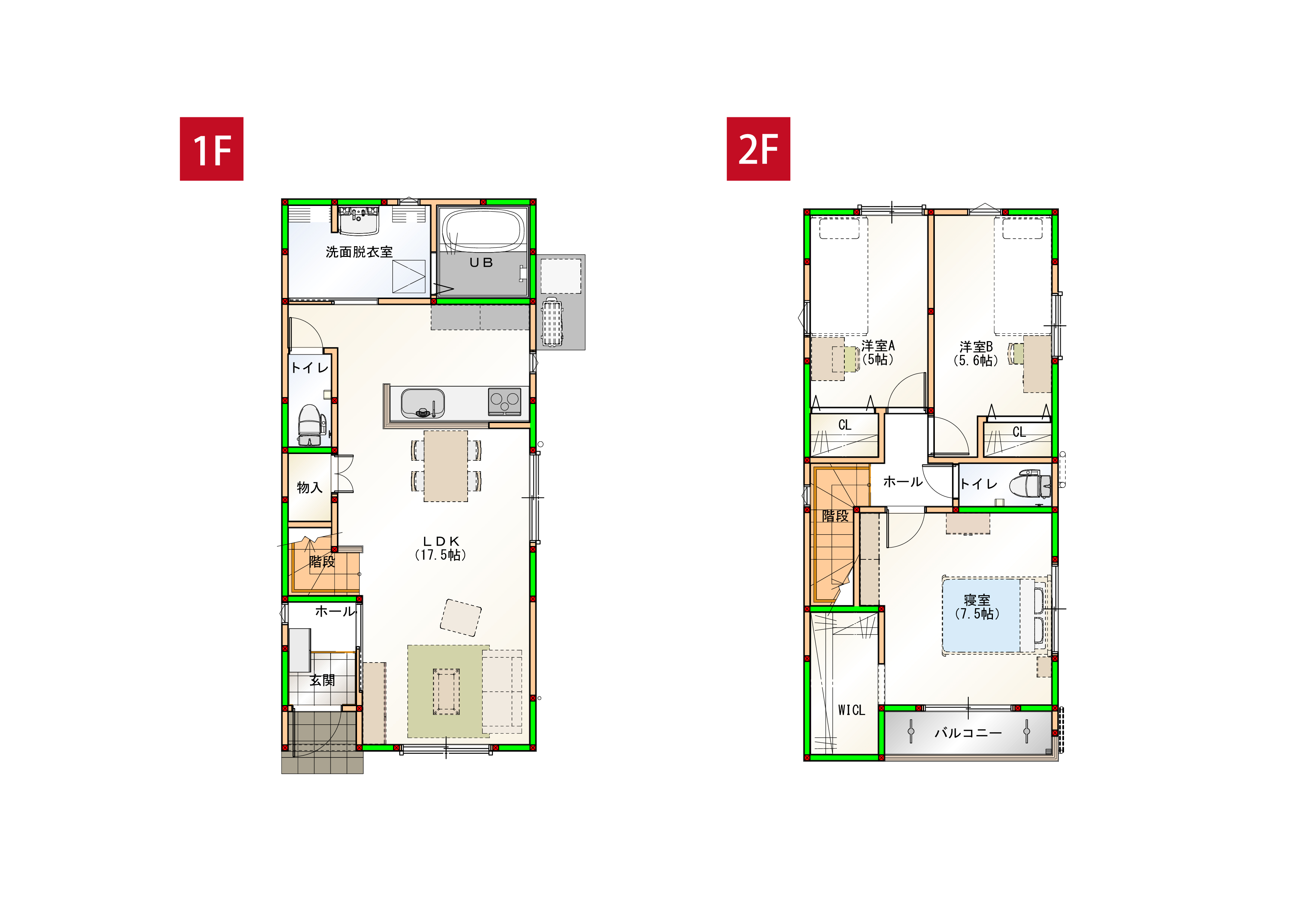 水回りを近くすることで家事導線を短くしました♪各部屋に収納付きで空間をすっきりさせられます！