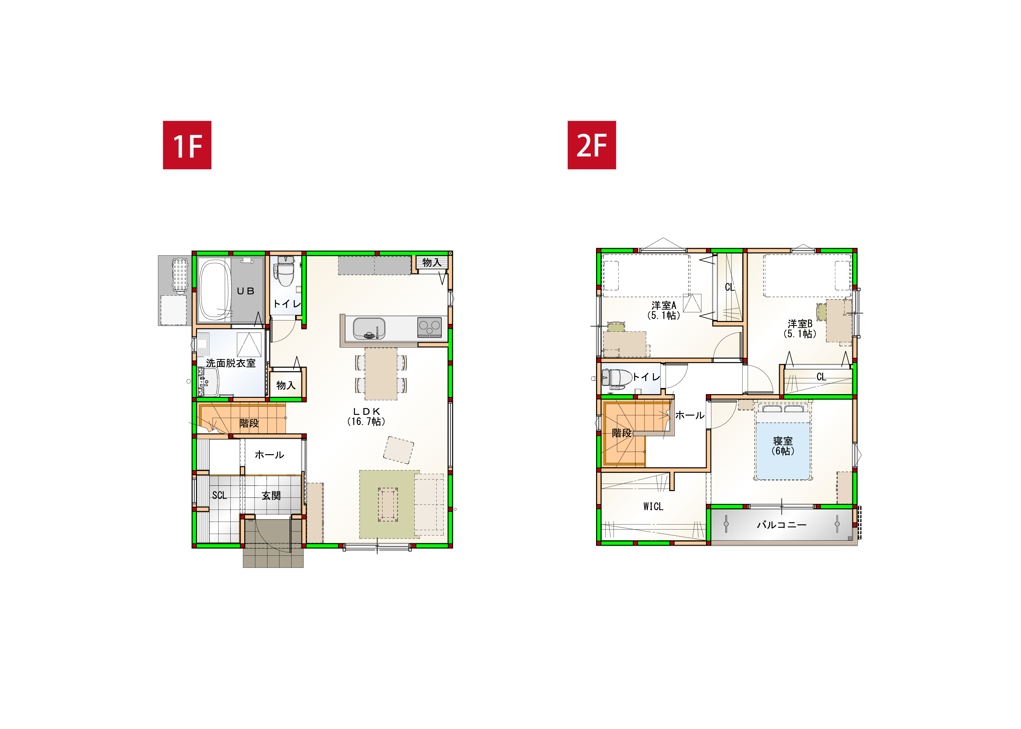 水回りを近くすることで家事導線を短くしました♪各部屋に収納付きで空間をすっきりさせられます！