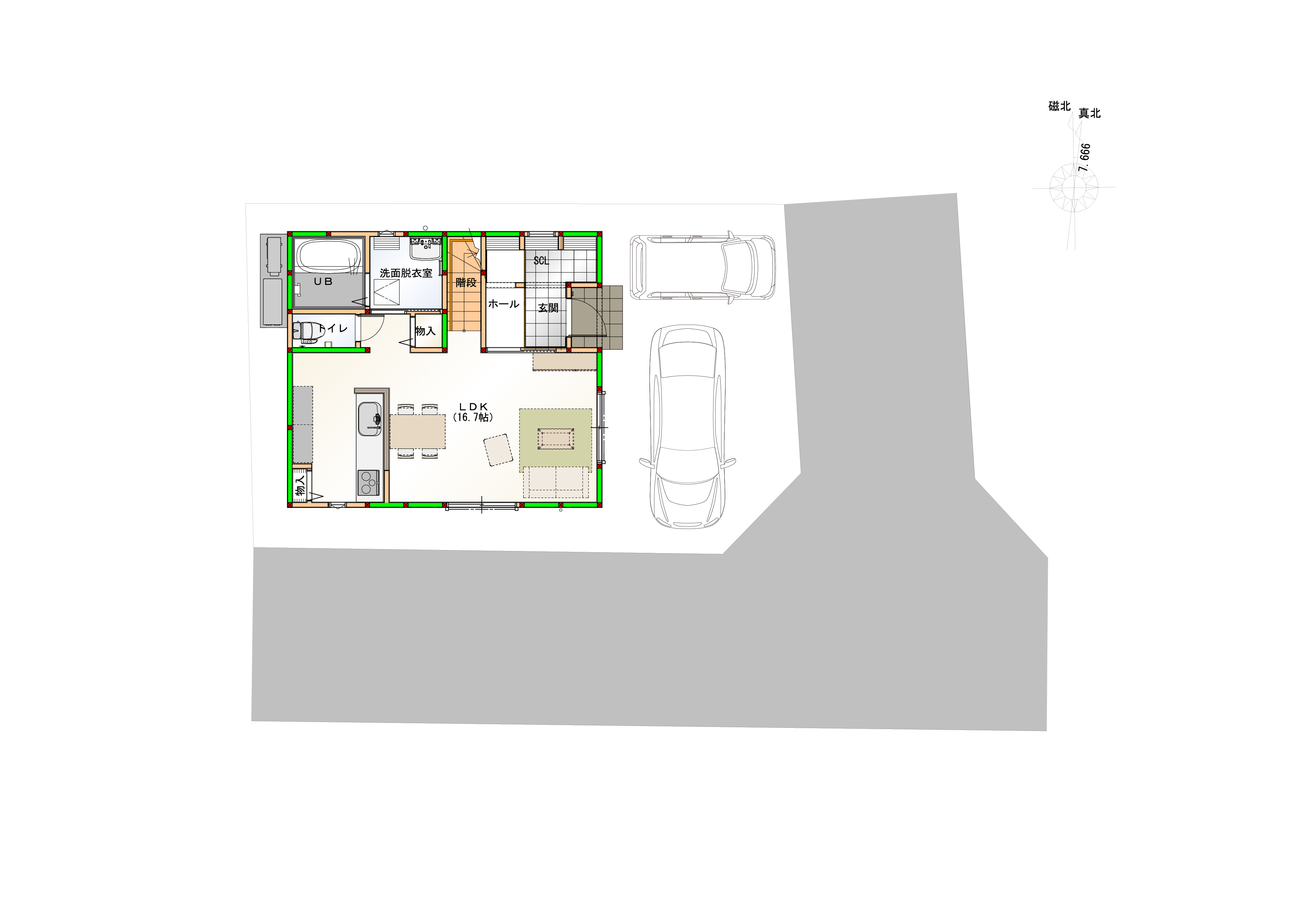 駐車スペースは２台(乗用車１台＋軽自動車１台)になります。