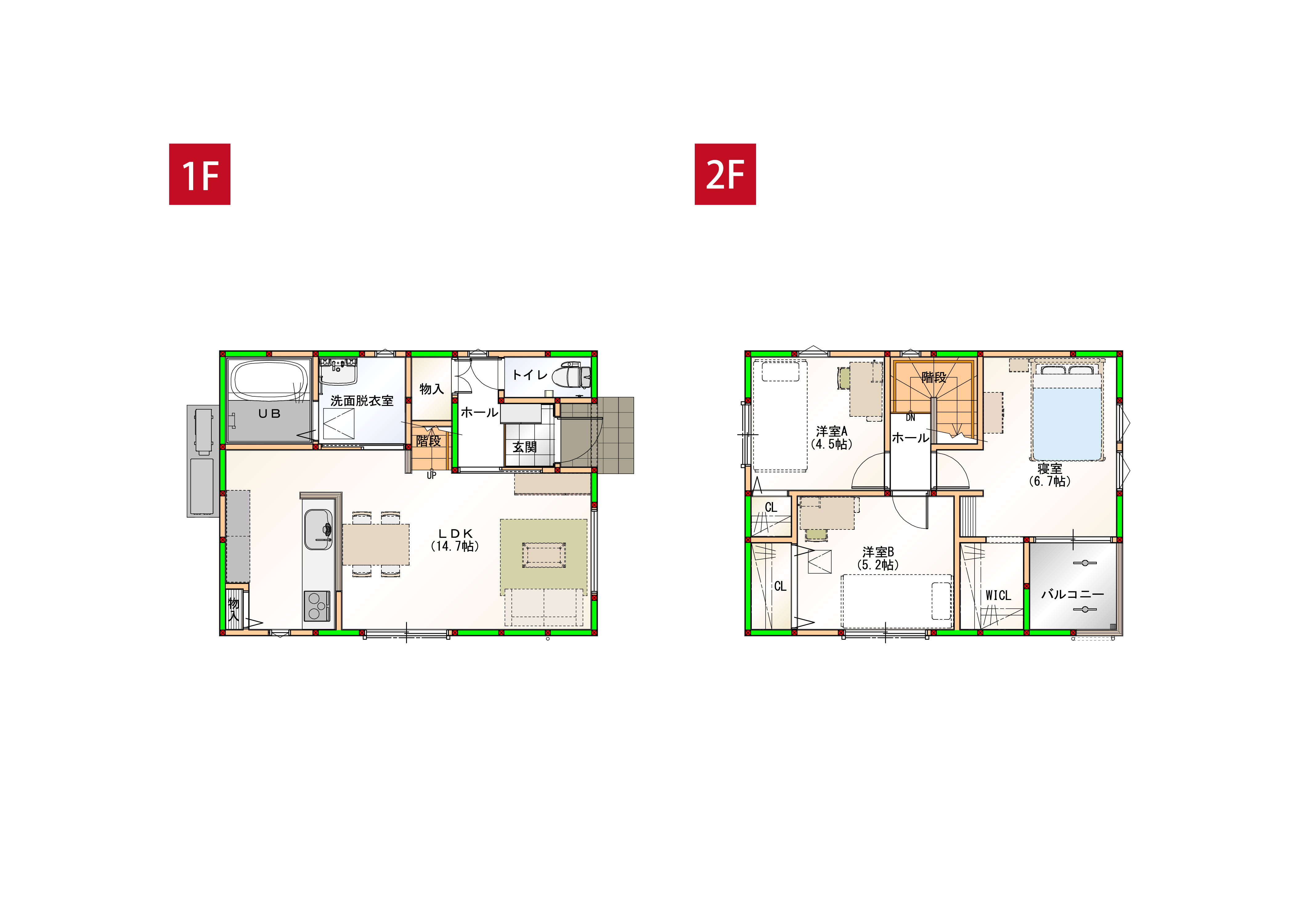 水回りを近くすることで家事導線を短くしました♪各部屋に収納付きで空間をすっきりさせられます！