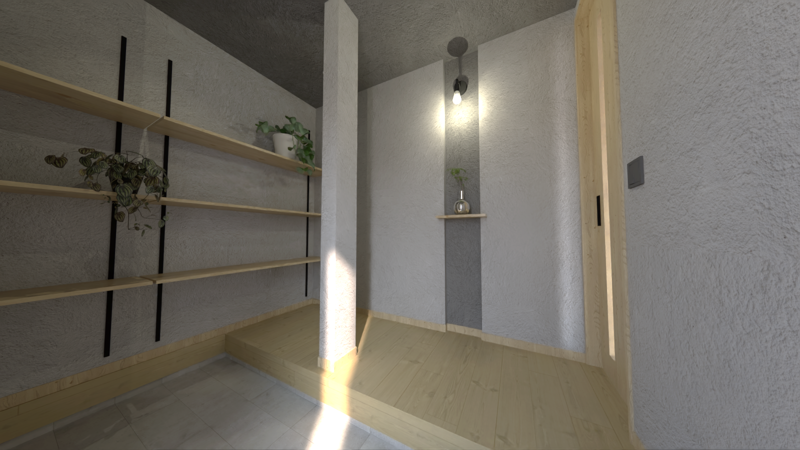 【シューズクローク付き玄関】玄関ドアを開けた瞬間に目を引くのは、壁面ニッチと柔らかな灯りの照明演出。シンプルな空間の中にさりげない“おもてなしの美意識”が感じられます。※画像はイメージです。実物とは異なります。