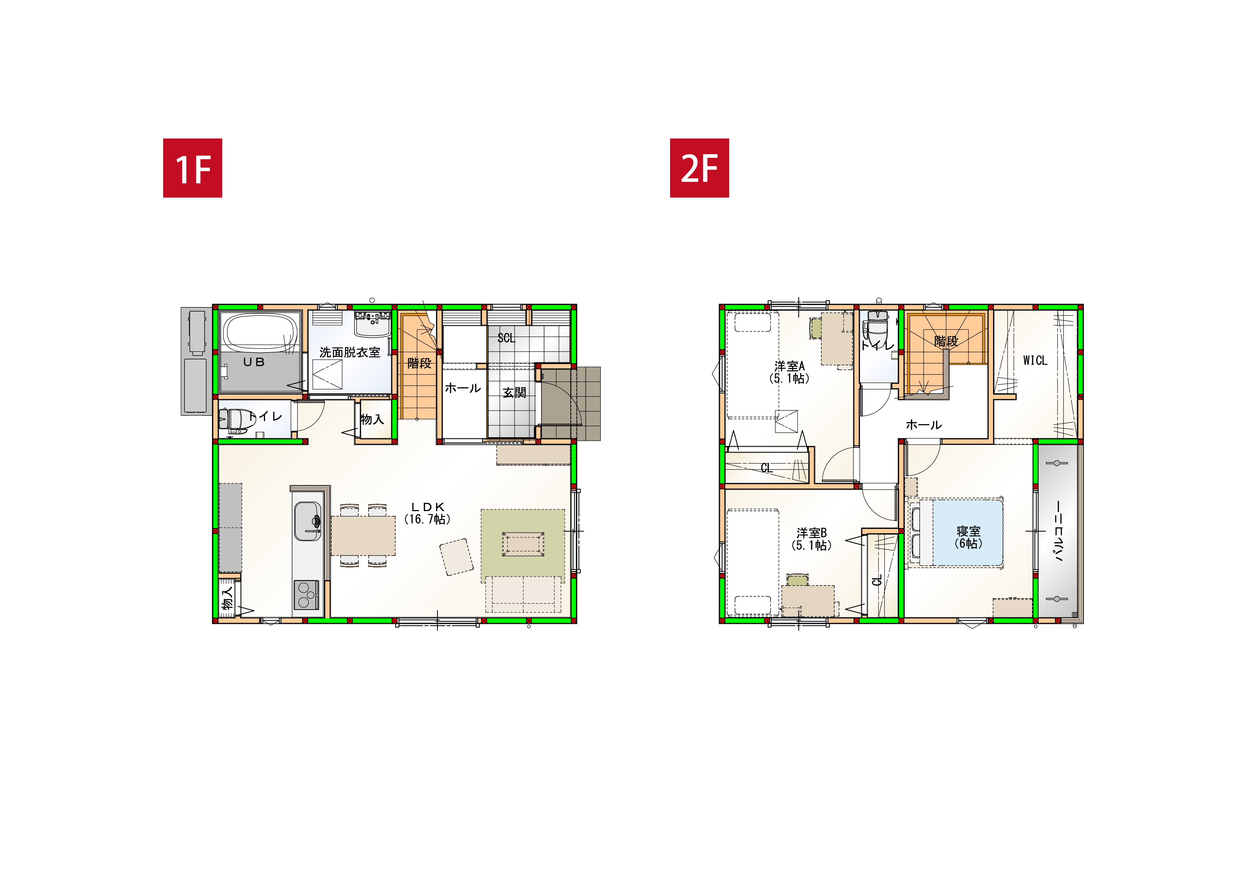 水回りを近くすることで家事導線を短くしました♪各部屋に収納付きで空間をすっきりさせられます！