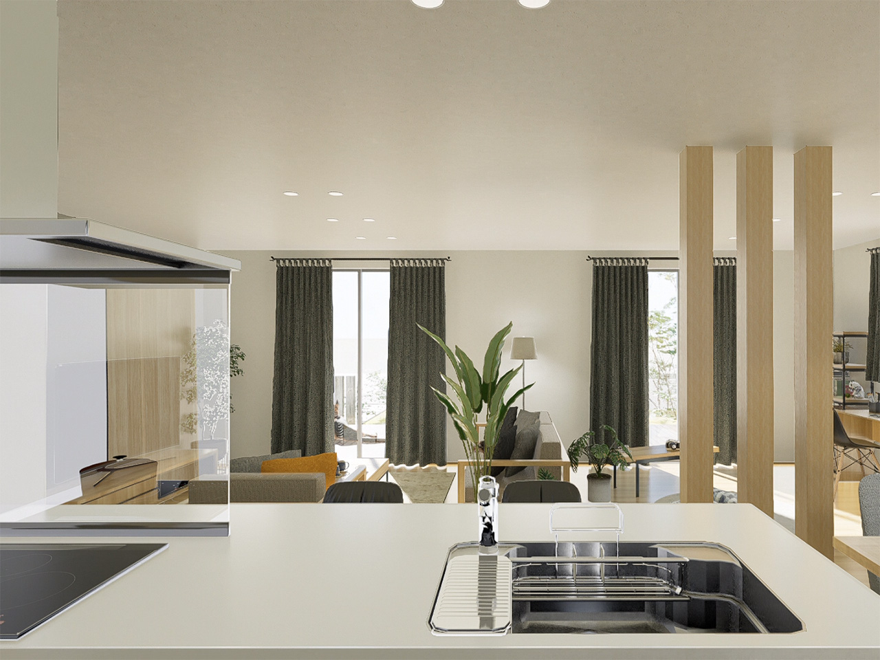 ３列の柱（格子）が、良いアクセントに。大空間を区切ることなく、リビングとダイニングの仕切りを自然に生み出しています。※施工事例です。実物とは異なります。