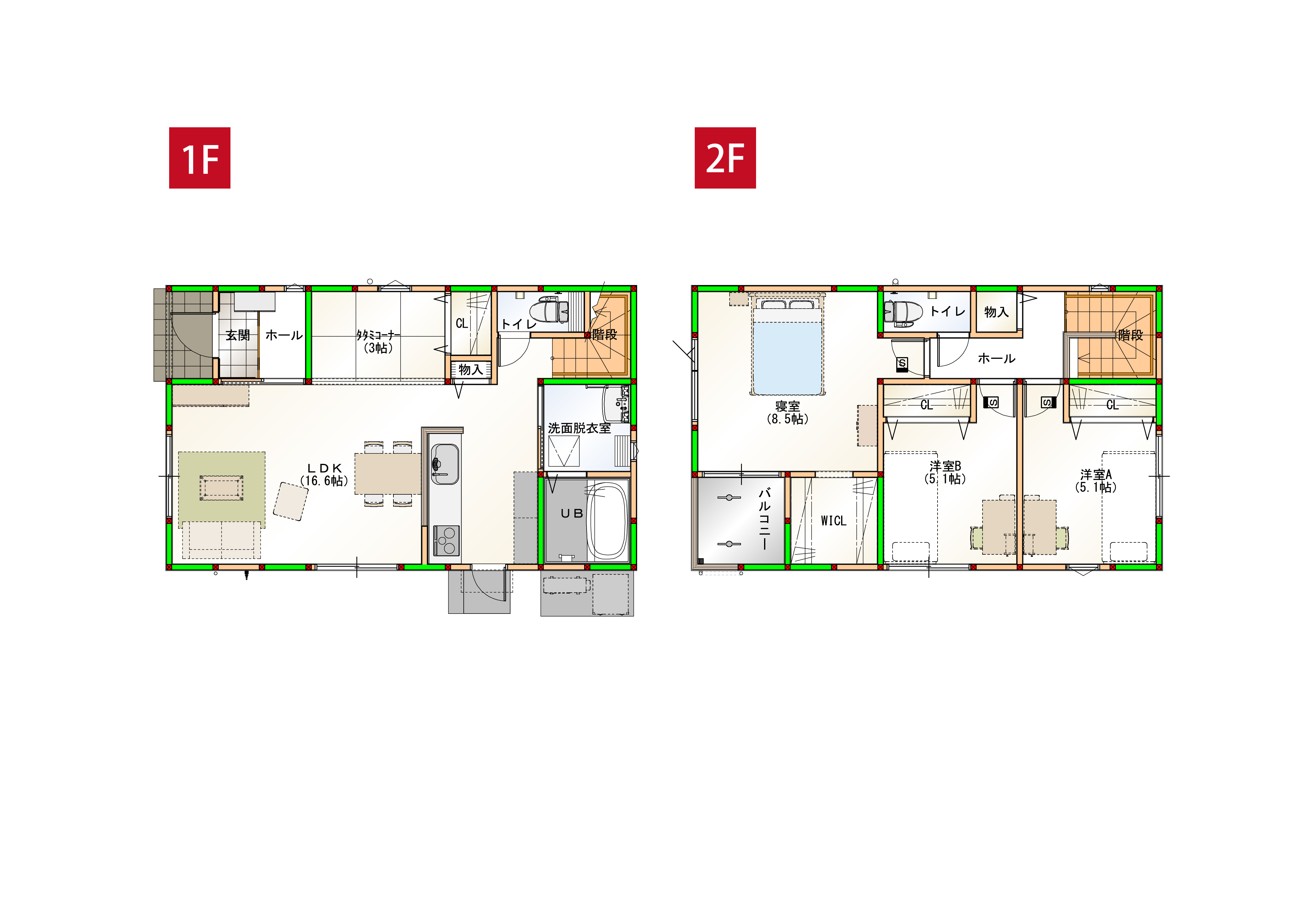 水回りを近くすることで家事導線を短くしました♪各部屋に収納付きで空間をすっきりさせられます！