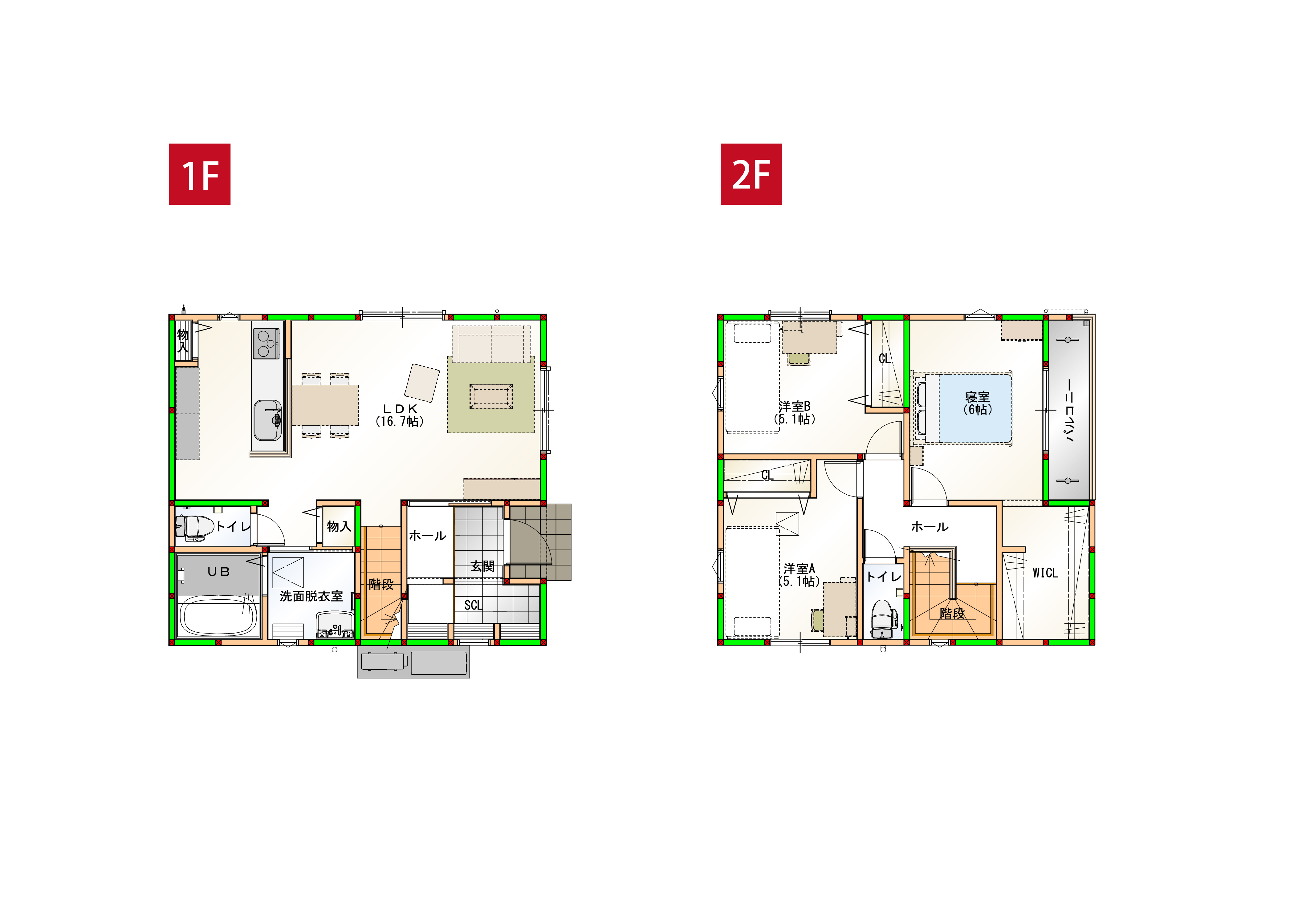 水回りを近くすることで家事導線を短くしました♪各部屋に収納付きで空間をすっきりさせられます！