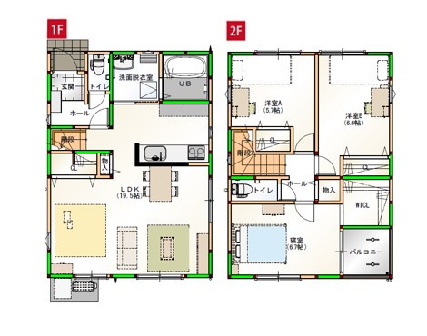 水回りを近くすることで家事導線を短くしました♪各部屋に収納付きで空間をすっきりさせられます！