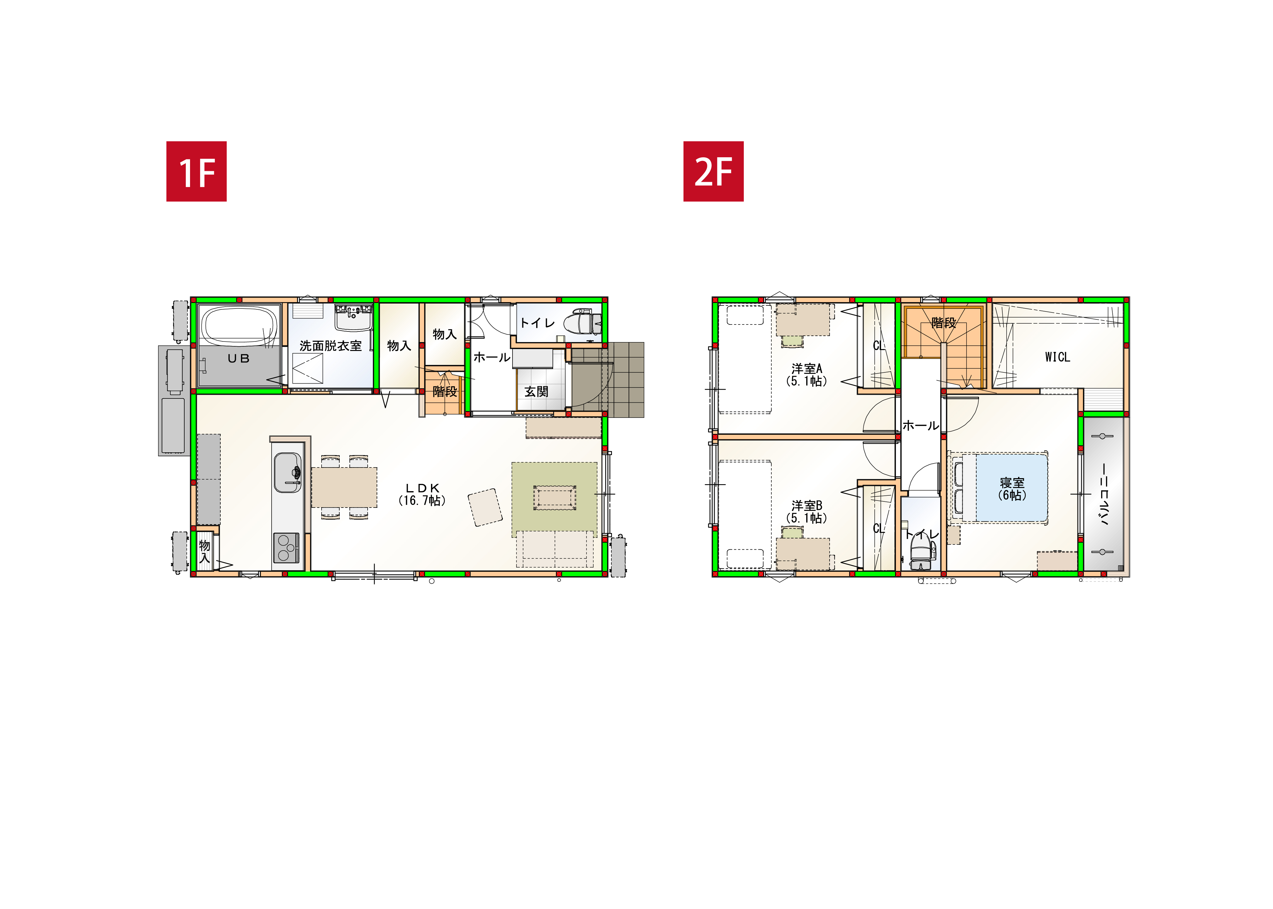 水回りを近くすることで家事導線を短くしました♪各部屋に収納付きで空間をすっきりさせられます！