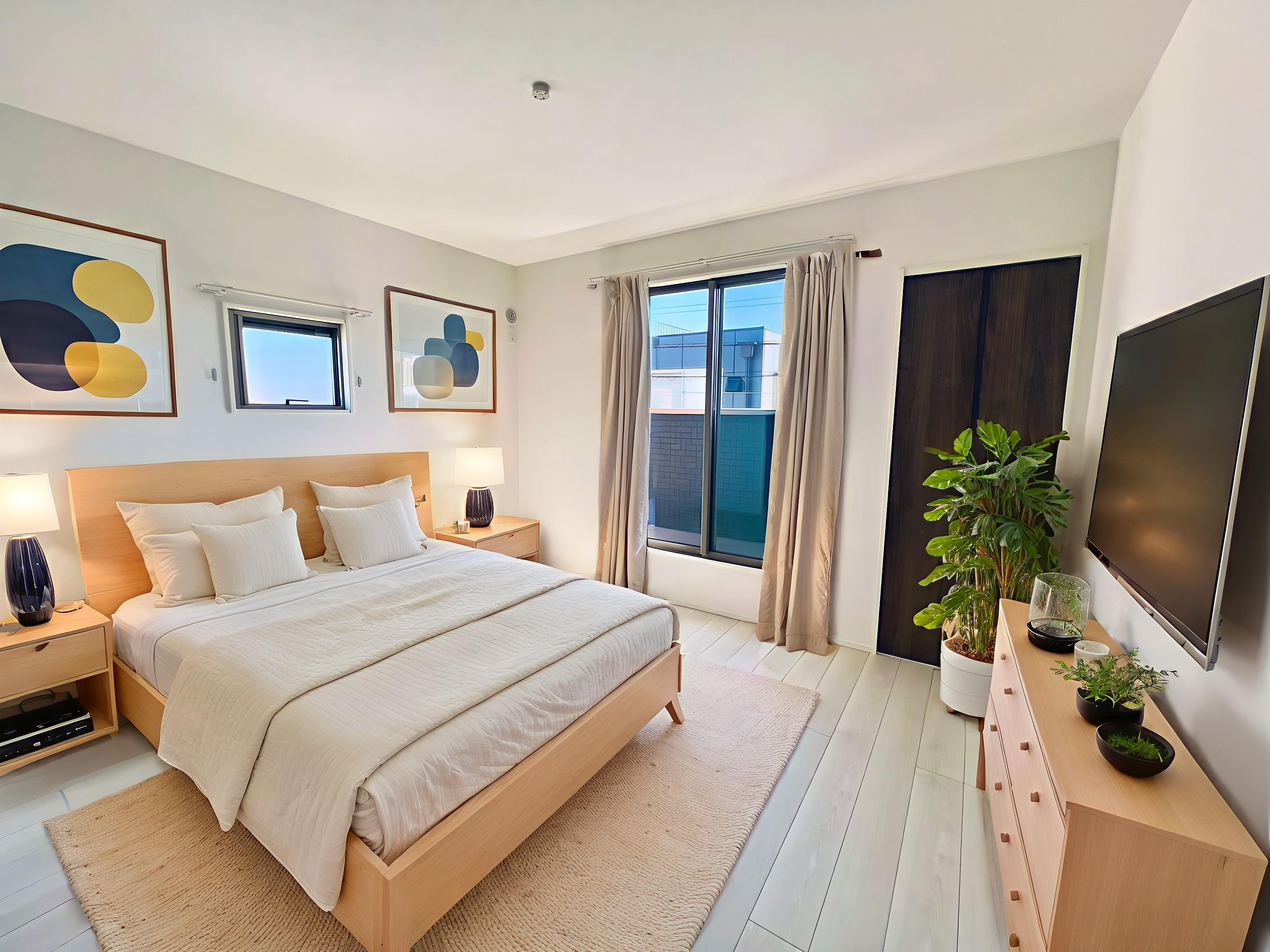 主寝室は広々していて安らげる空間に。バルコニーにすぐアクセスできるため、お洗濯物の片付けもらくらく♪※CGにて家具を配置しています