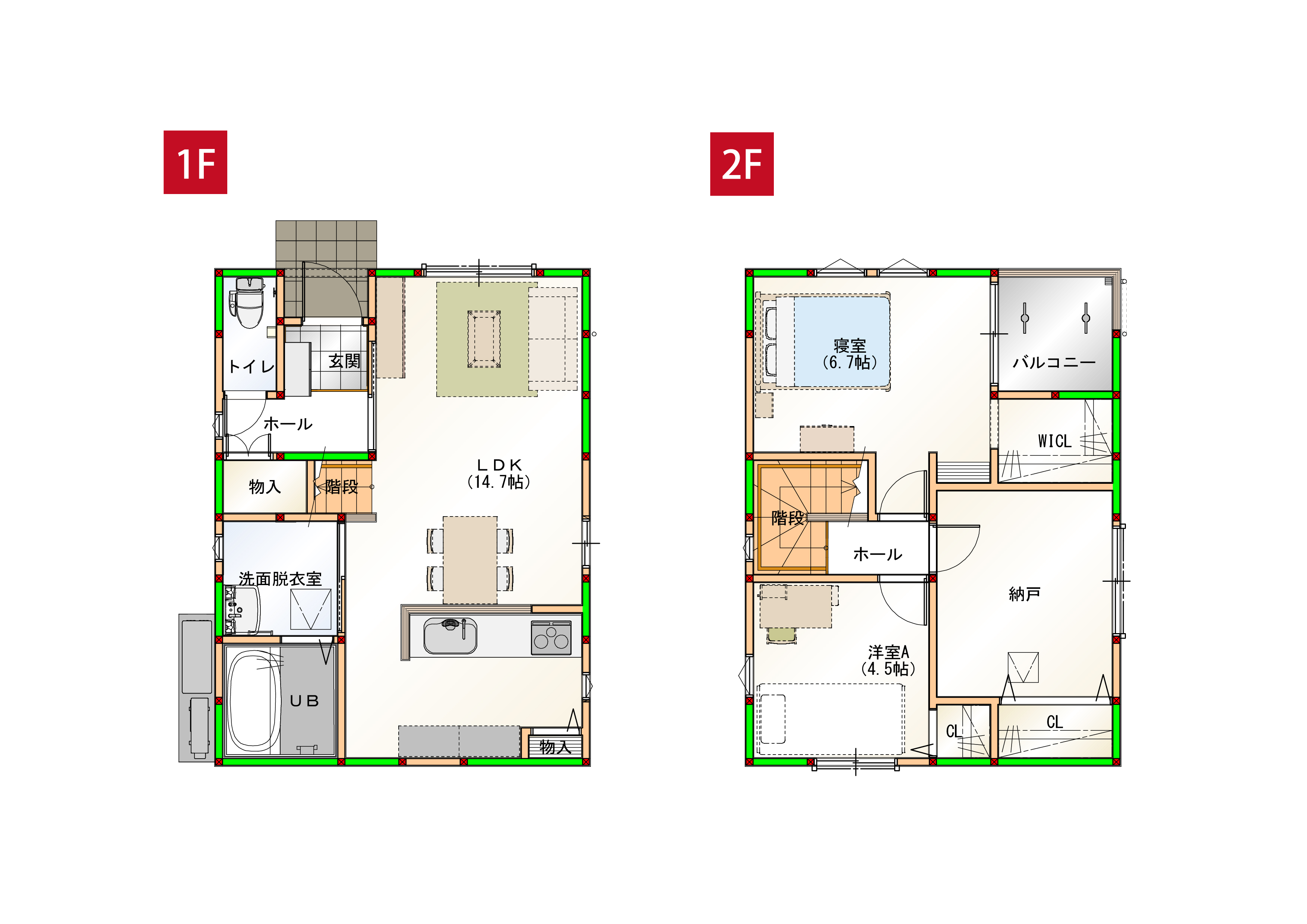 水回りを近くすることで家事導線を短くしました♪各部屋に収納付きで空間をすっきりさせられます！