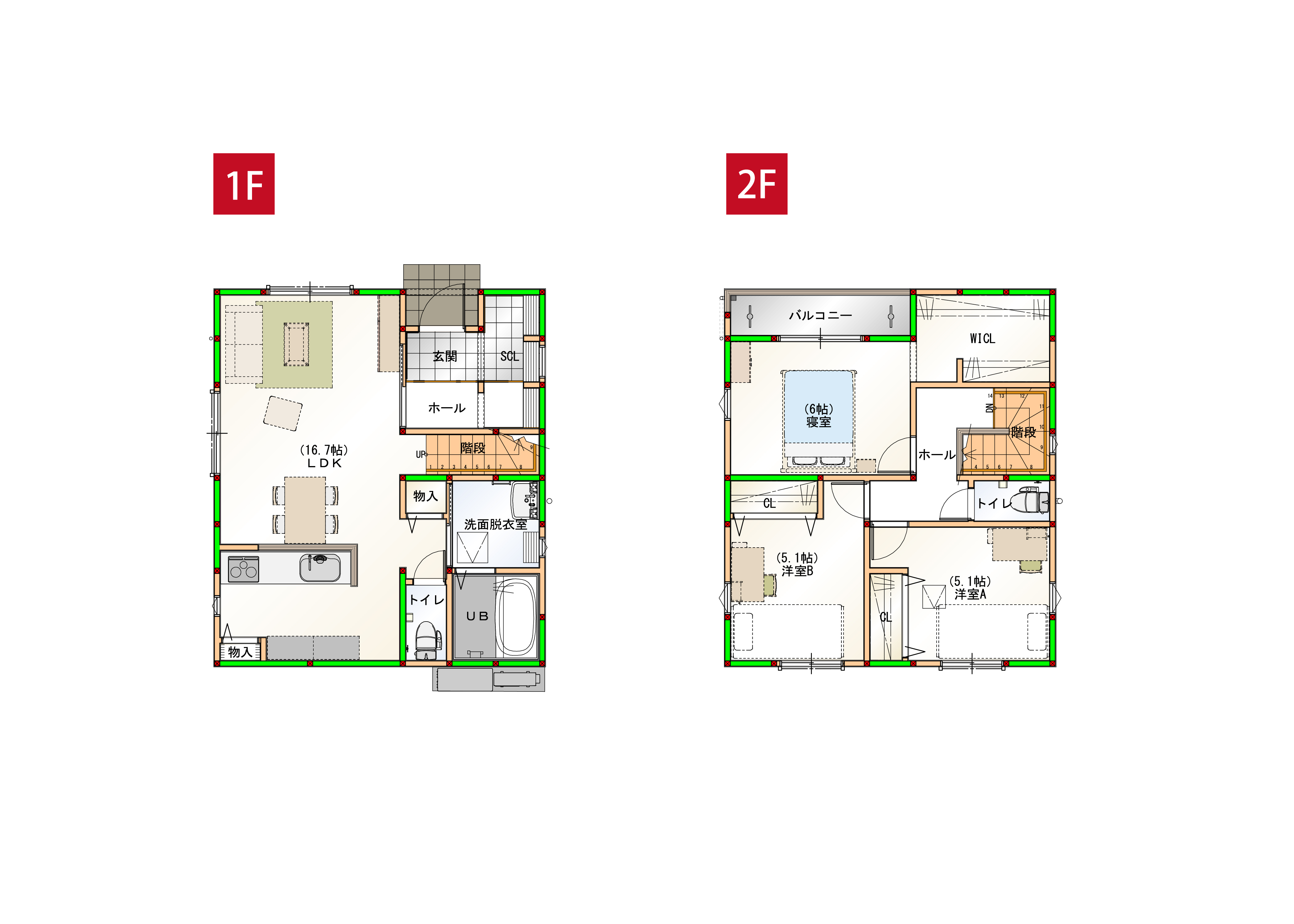 水回りを近くすることで家事導線を短くしました♪各部屋に収納付きで空間をすっきりさせられます！