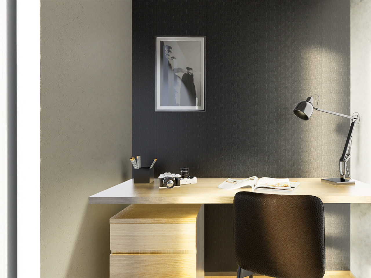 主寝室にはワークスペースもあります。集中できる環境で、テレワークなどにもピッタリ！※施工事例です。実物とは異なります。