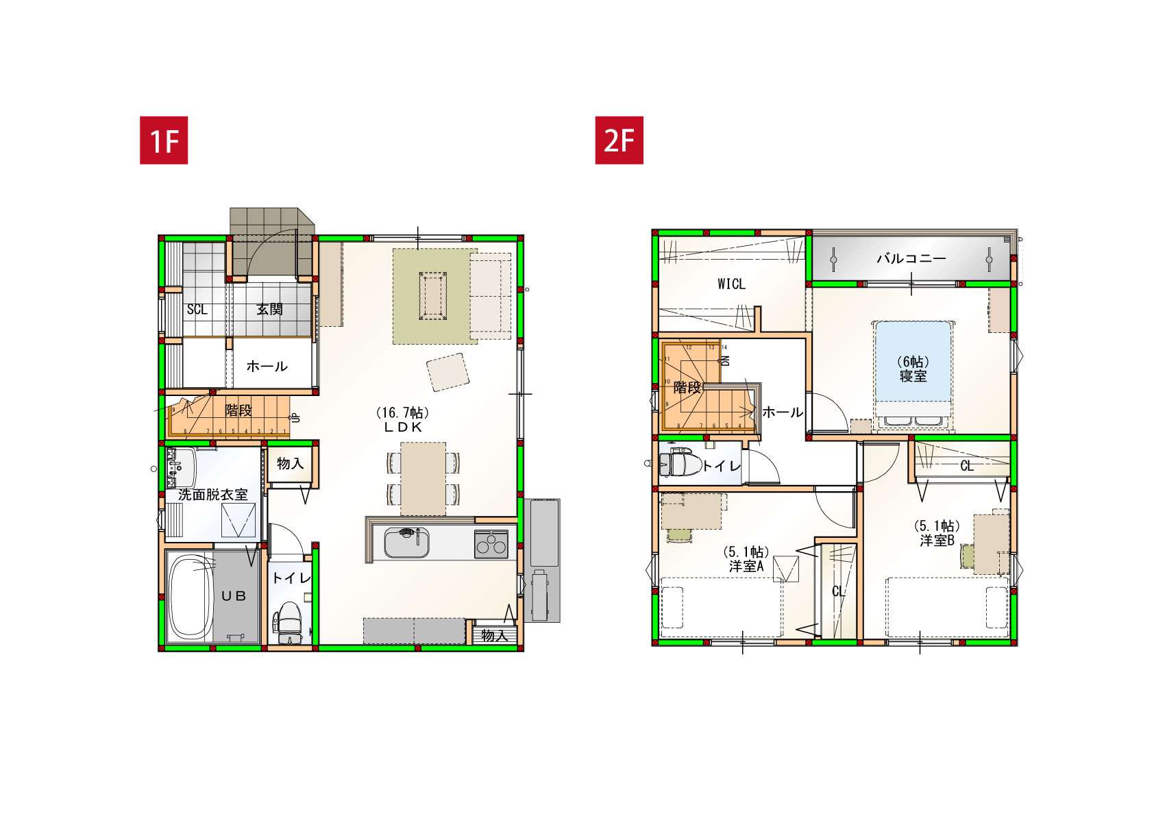 水回りを近くすることで家事導線を短くしました♪各部屋に収納付きで空間をすっきりさせられます！