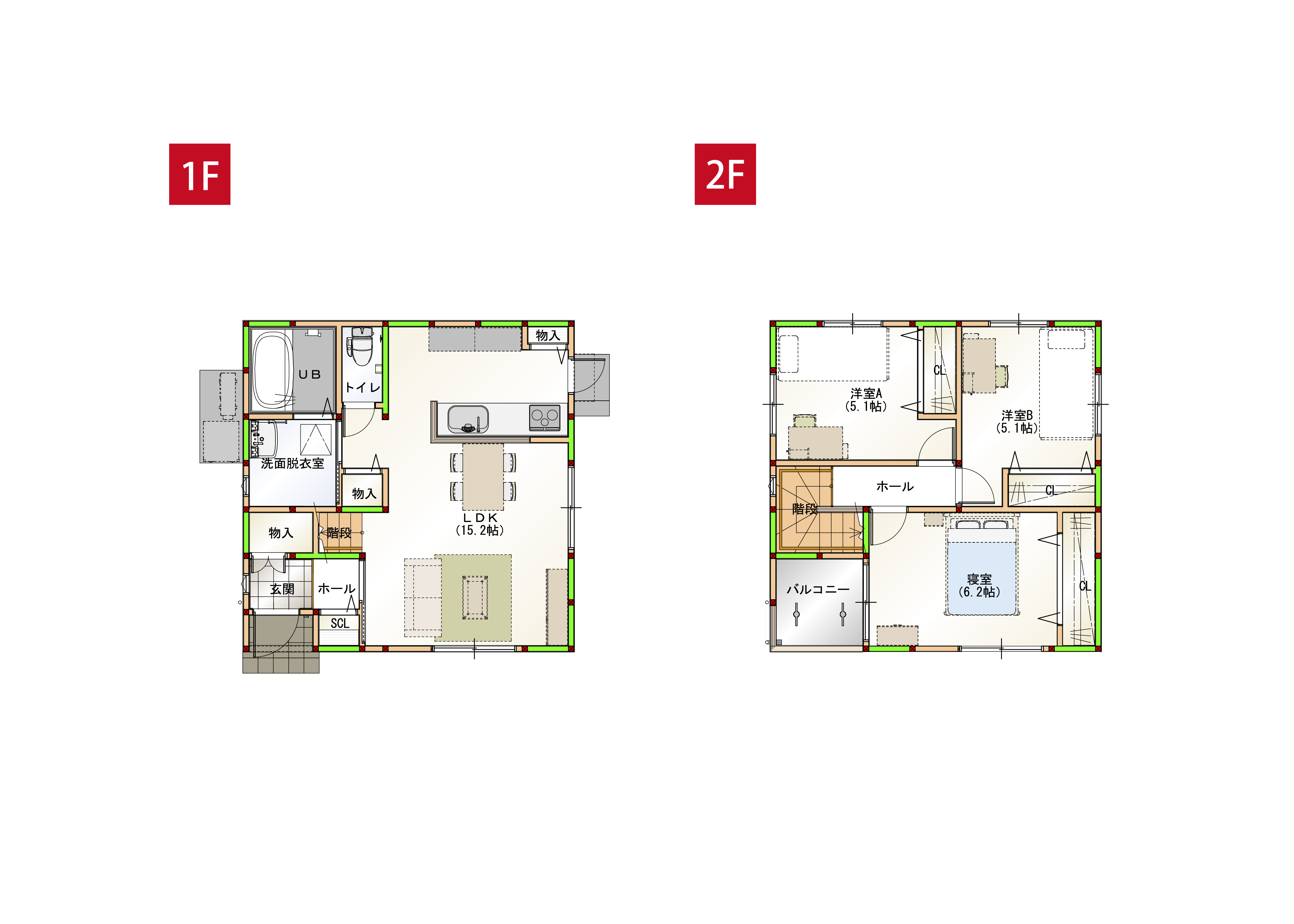 コンパクトながら水回りをまとめた家事ラク導線に、全居室収納を兼ね備えた暮らしやすい間取りです。※画像はイメージです。