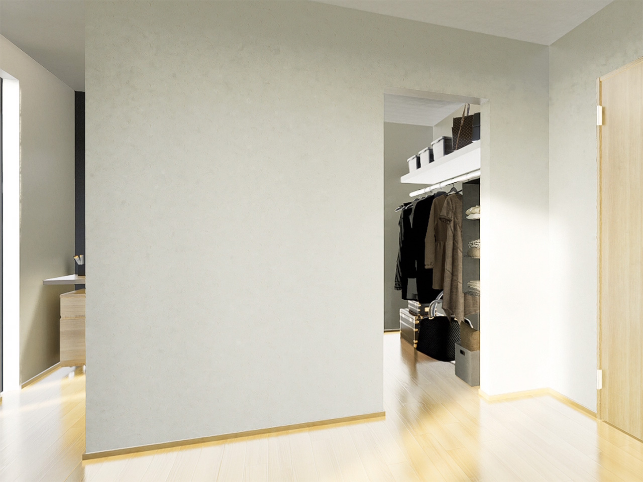 主寝室には大容量のウォークインクローゼットがあるので、大切なお洋服もすっきり収納できます。ハンガーパイプで吊り下げ収納も出来るので、出し入れもスムーズで使いやすく便利です。※施工事例です。実物とは異なります。