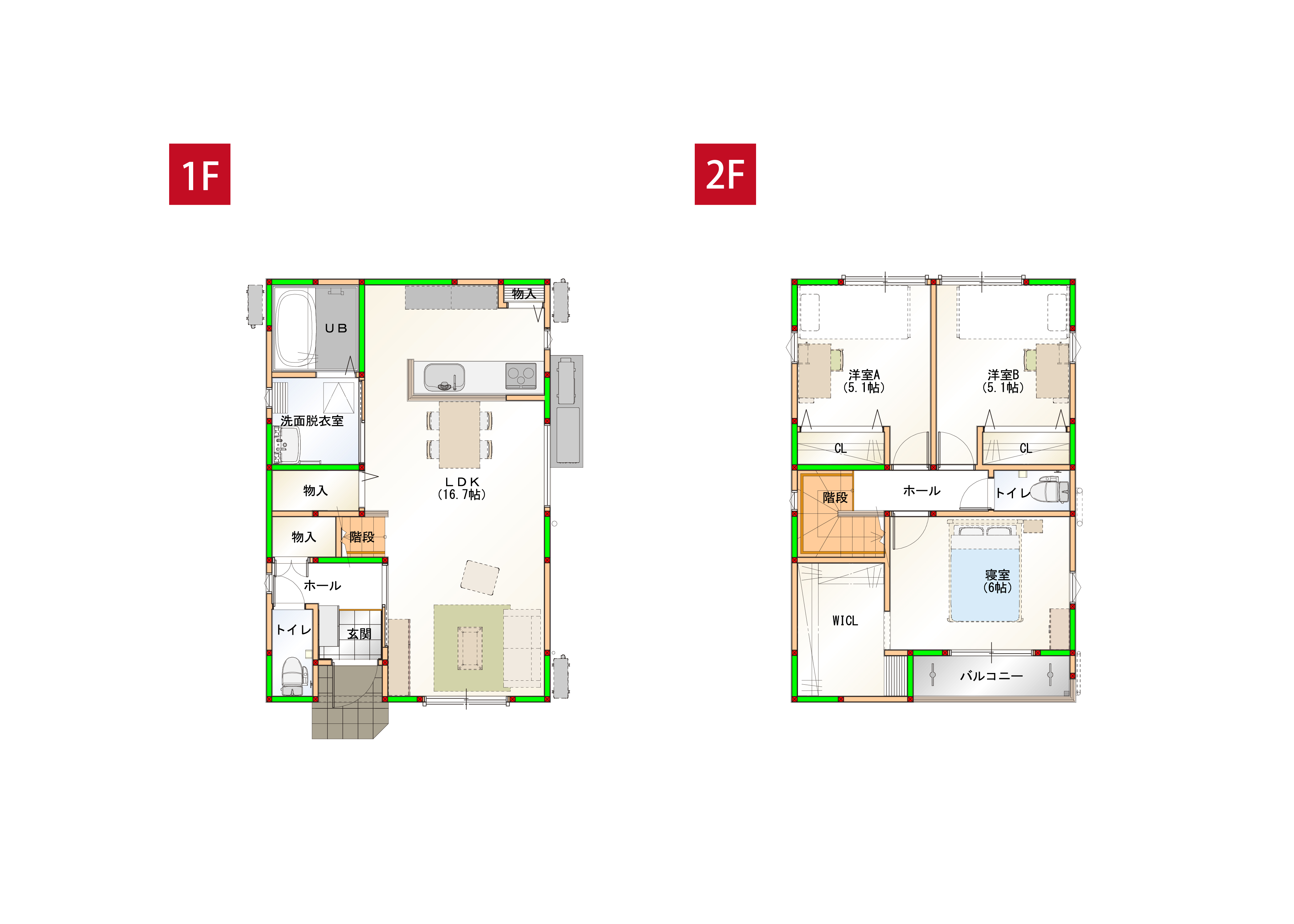 水回りを近くすることで家事導線を短くしました♪各部屋に収納付きで空間をすっきりさせられます！