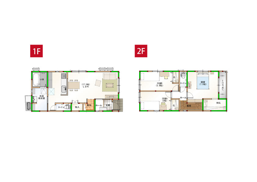 水回りを近くすることで家事導線を短くしました♪各部屋に収納付きで空間をすっきりさせられます！