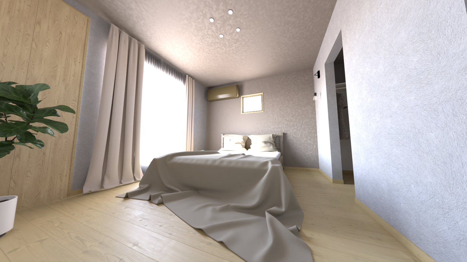 【グレートーンの主寝室】グレートーンのクロスにオークカラーの建具が映える、スタイリッシュな空間設計。収納力だけでなく、空間全体のトーンを引き締める上質なデザインが魅力です。※画像はイメージです。実物とは異なります。