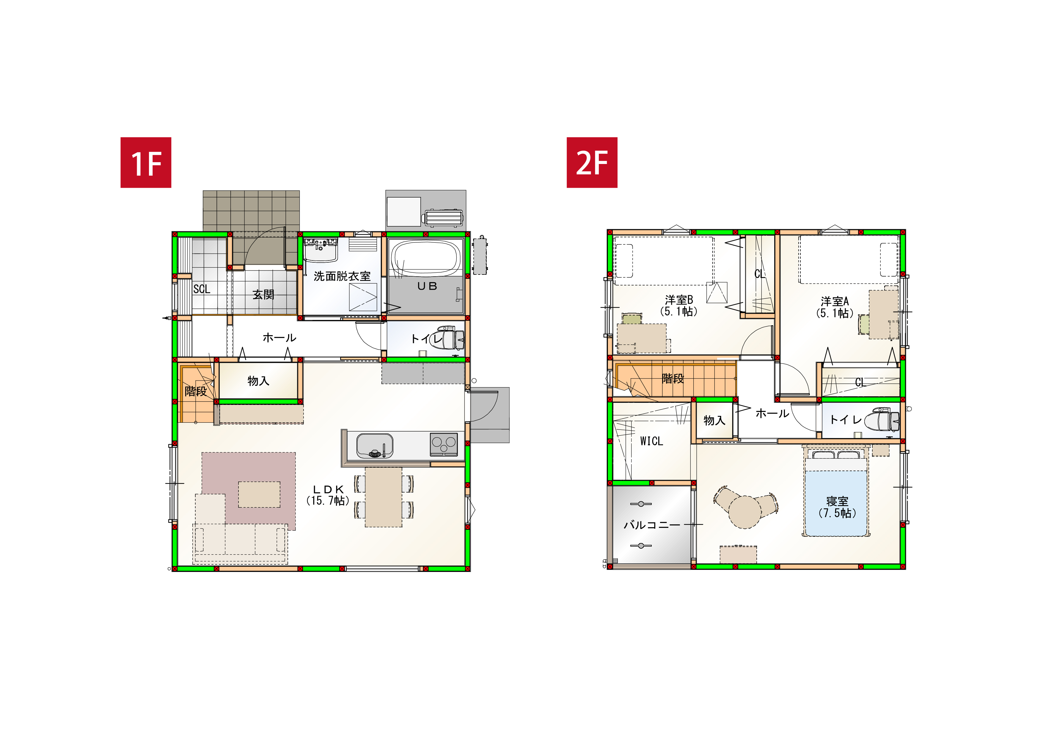 水回りを近くすることで家事導線を短くしました♪各部屋に収納付きで空間をすっきりさせられます！