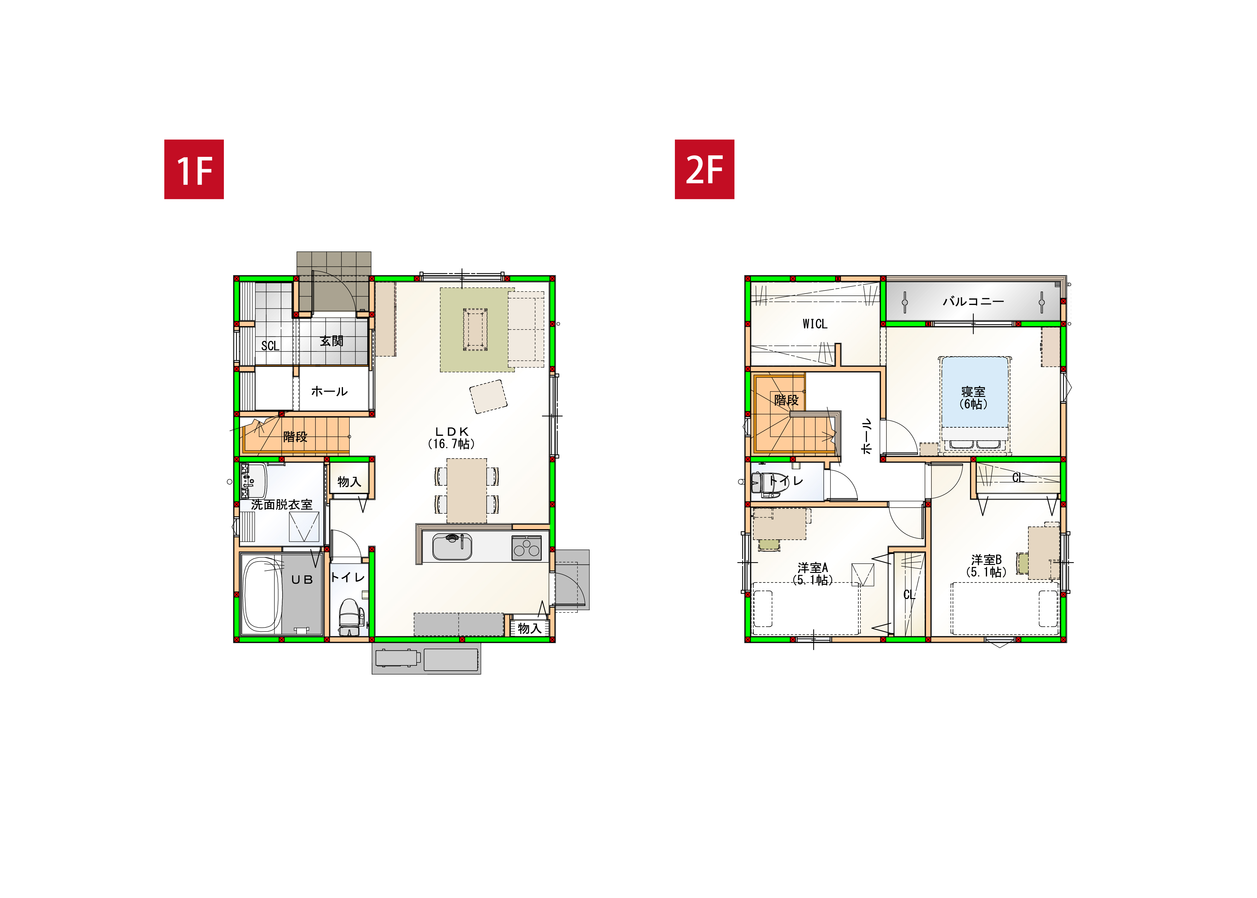 水回りを近くすることで家事導線を短くしました♪各部屋に収納付きで空間をすっきりさせられます！