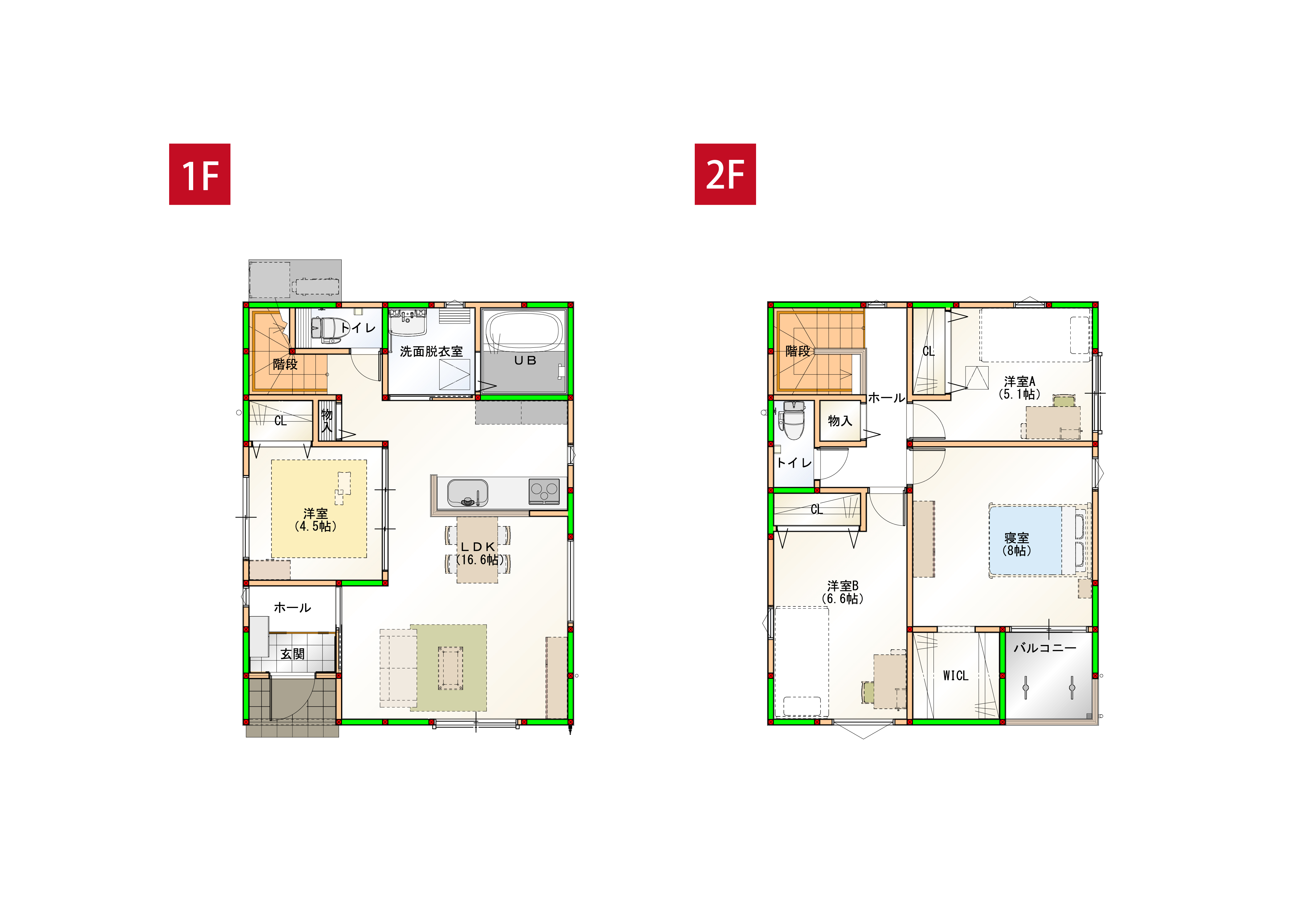 水回りを近くすることで家事導線を短くしました♪各部屋に収納付きで空間をすっきりさせられます！
