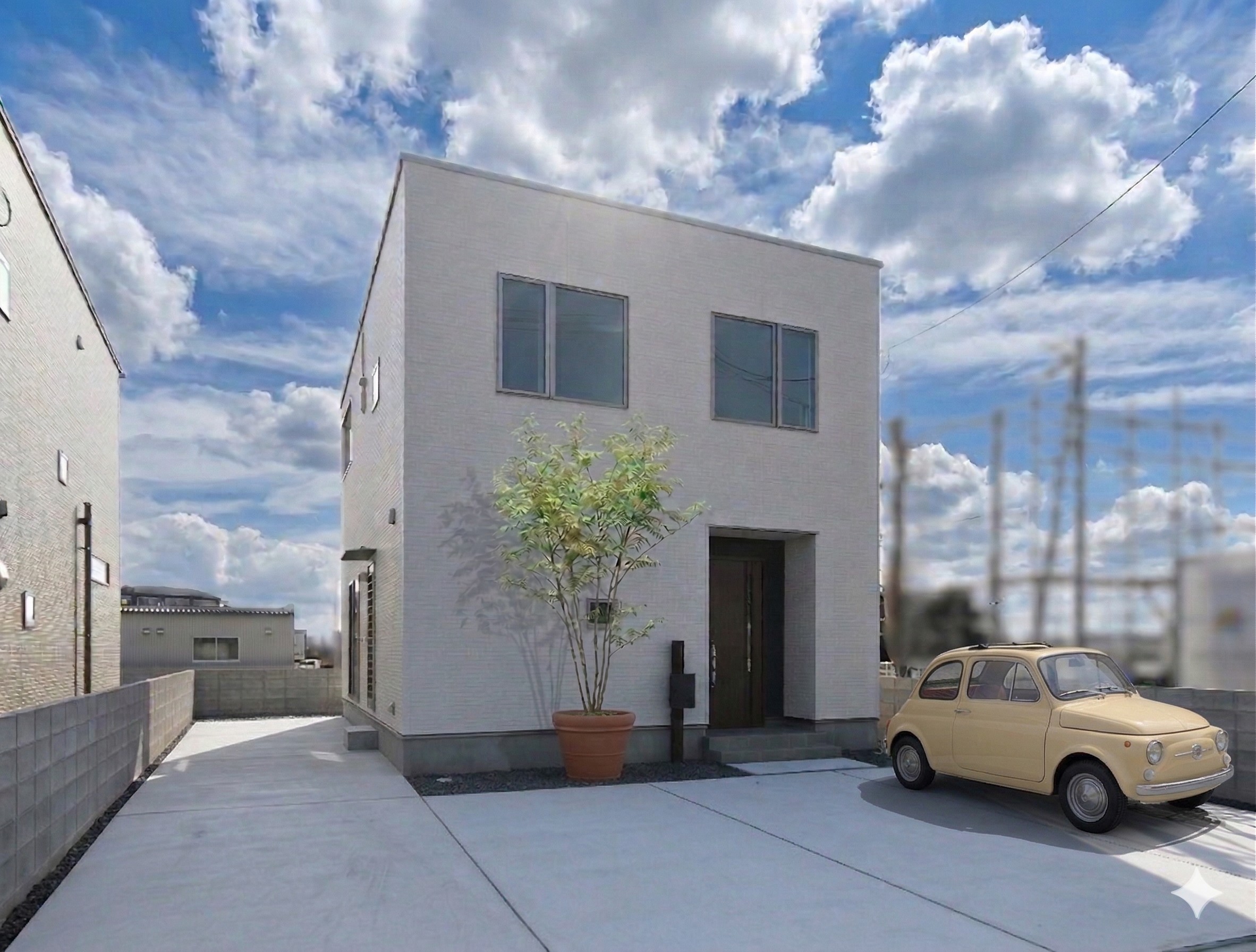 5台駐車できるゆとりのカースペース。間取りは3LDKと、プライベートスペースをしっかり確保しつつ、楽しい家族団らんもできる住まいです♪　「CGにて屋外インテリアを配置しています」撮影月：2026年2月　