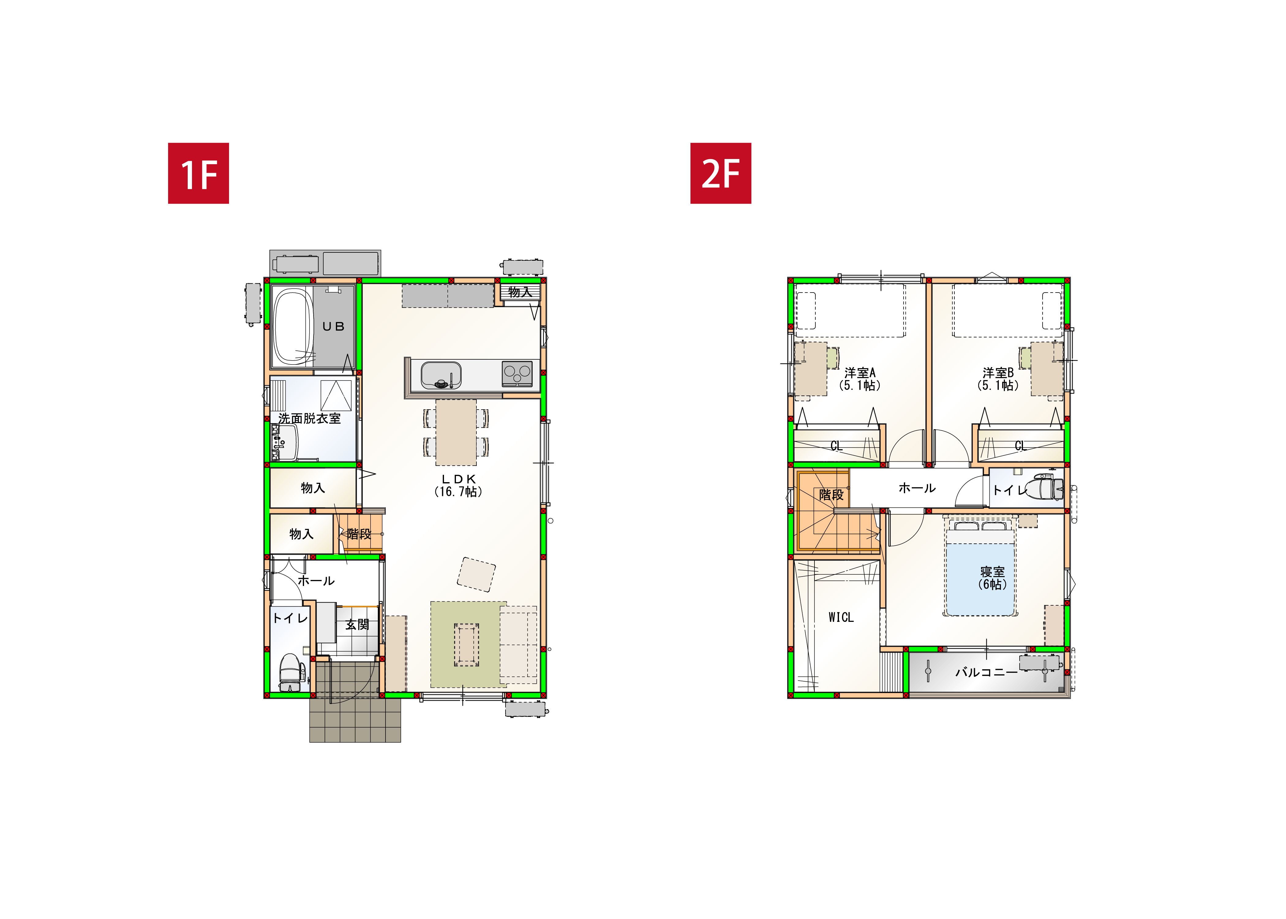 水回りを近くすることで家事導線を短くしました♪各部屋に収納付きで空間をすっきりさせられます！