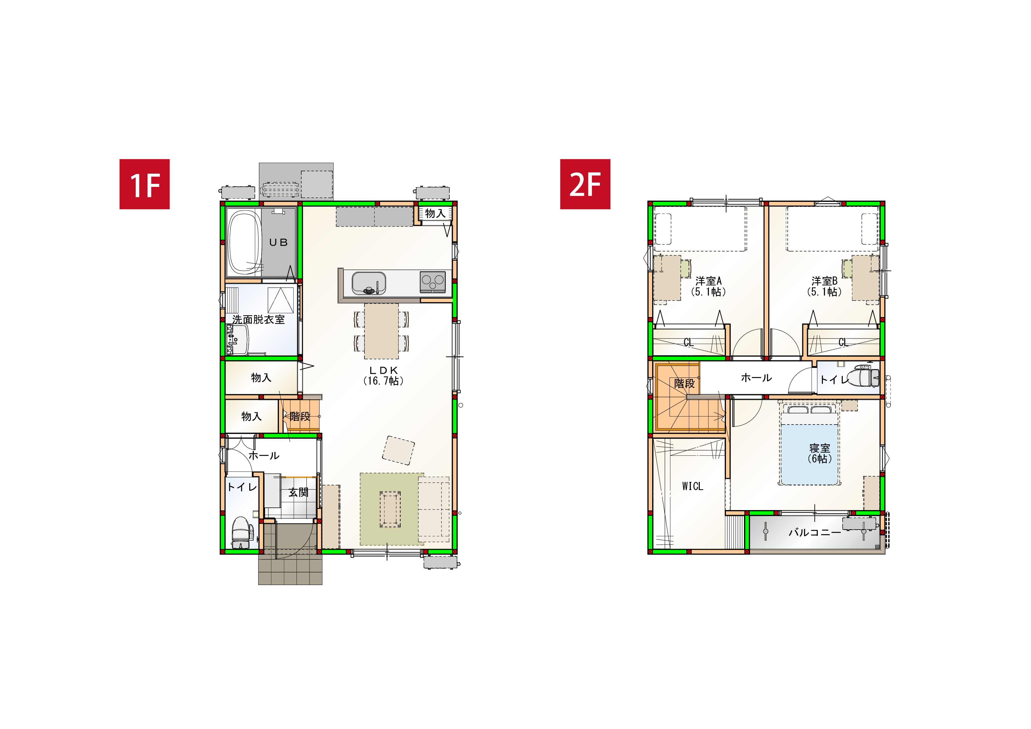 水回りを近くすることで家事導線を短くしました♪各部屋に収納付きで空間をすっきりさせられます！