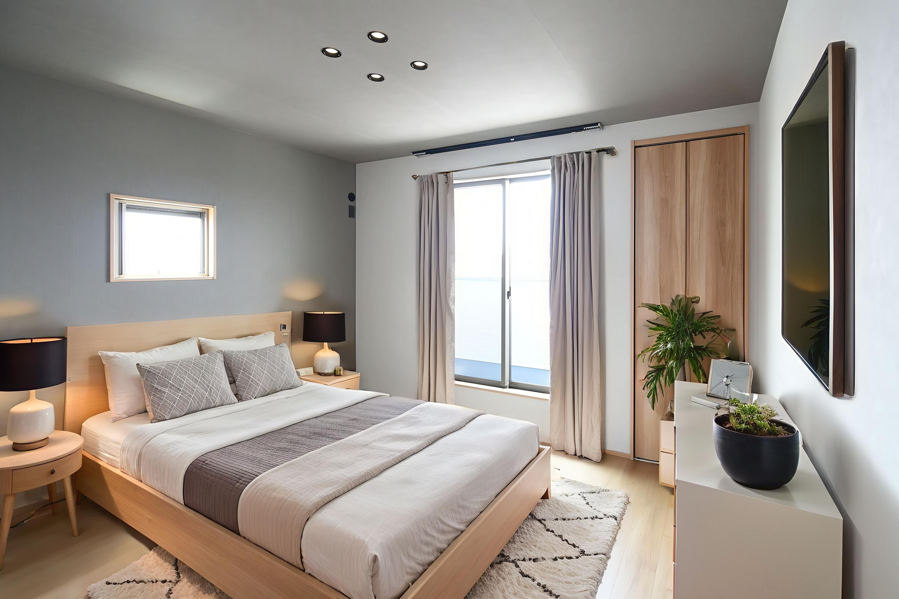 【グレートーンの主寝室】グレートーンのクロスにオークカラーの建具が映える、スタイリッシュな空間設計。収納力だけでなく、空間全体のトーンを引き締める上質なデザインが魅力です。※CGにて家具を設置しています。