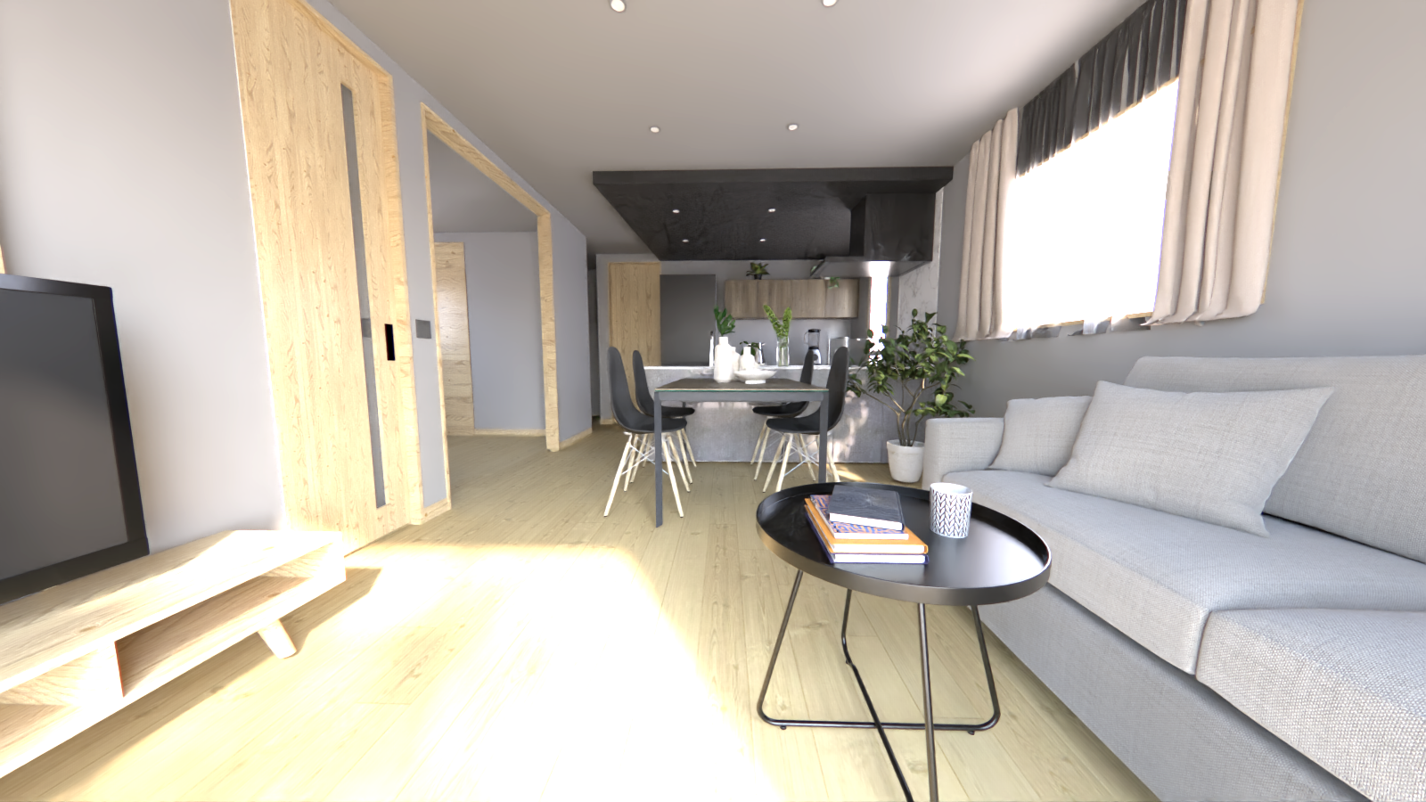 【洗練されたLDK空間】スタイリッシュなグレークロスとブラックアクセントが映える、開放感あふれるリビング。ハイドアが空間をすっきりと魅せ、上質感あるひとときを演出します。※画像はイメージです。実物とは異なります。