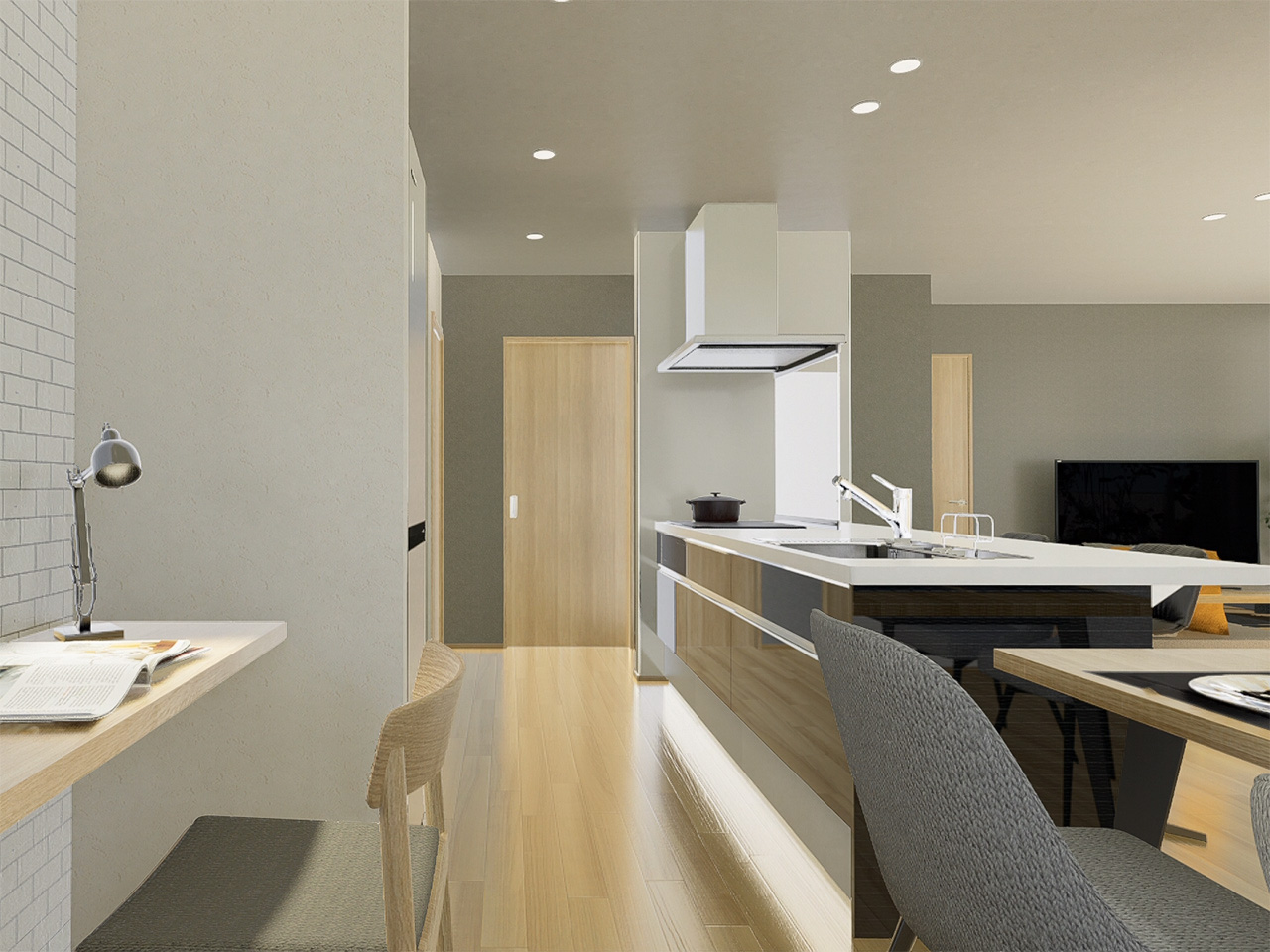 キッチンの奥は、洗面脱衣室・浴室へと繋がっています。キッチンからは部屋全体を見渡せます。どこに居ても家族を感じることができ、会話もはずみますね。※施工事例です。実物とは異なります。