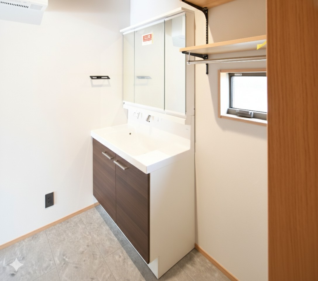 女性にはうれしい三面鏡タイプ！収納付きでたくさんの小物もしまえます♪※施工事例です。CGにて洗面台の扉の色を変更しています。