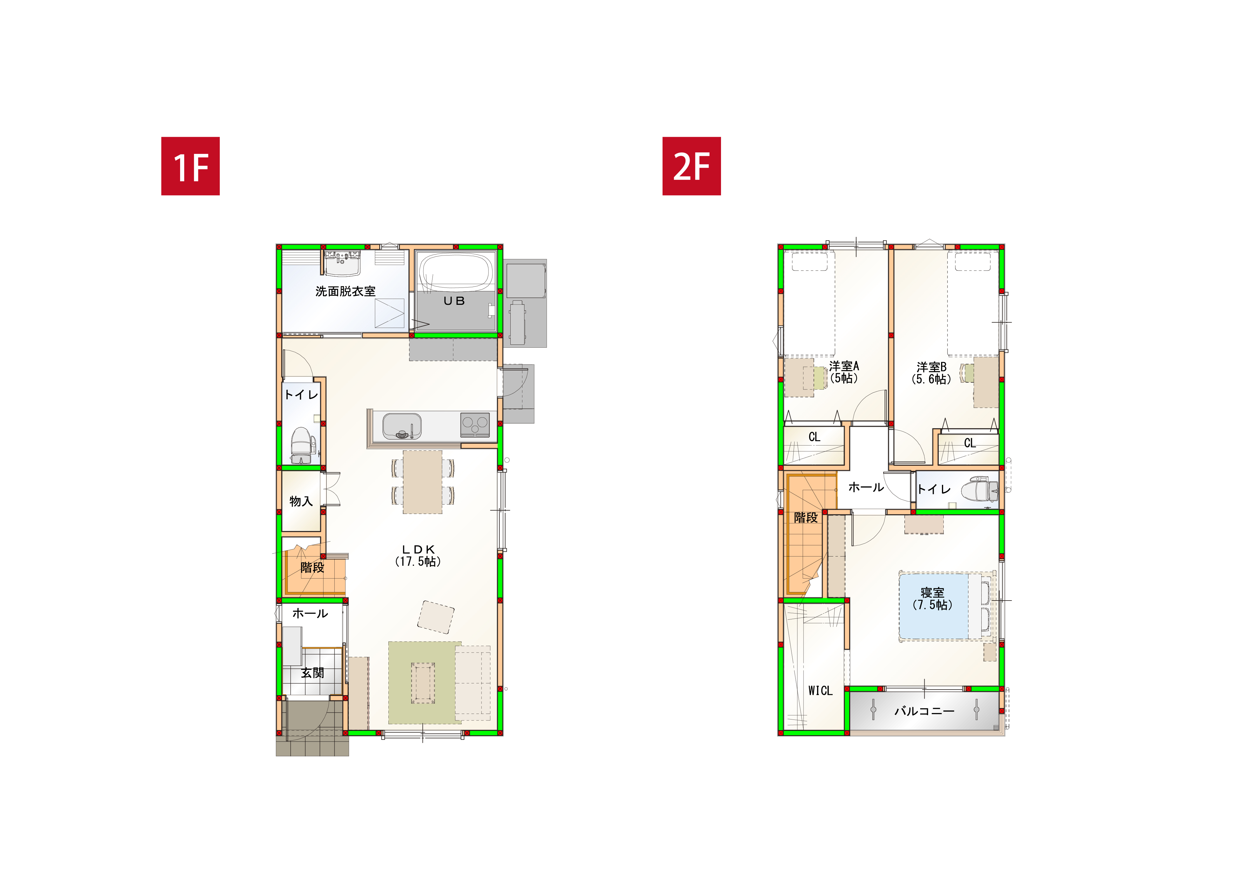 水回りを近くすることで家事導線を短くしました♪各部屋に収納付きで空間をすっきりさせられます！