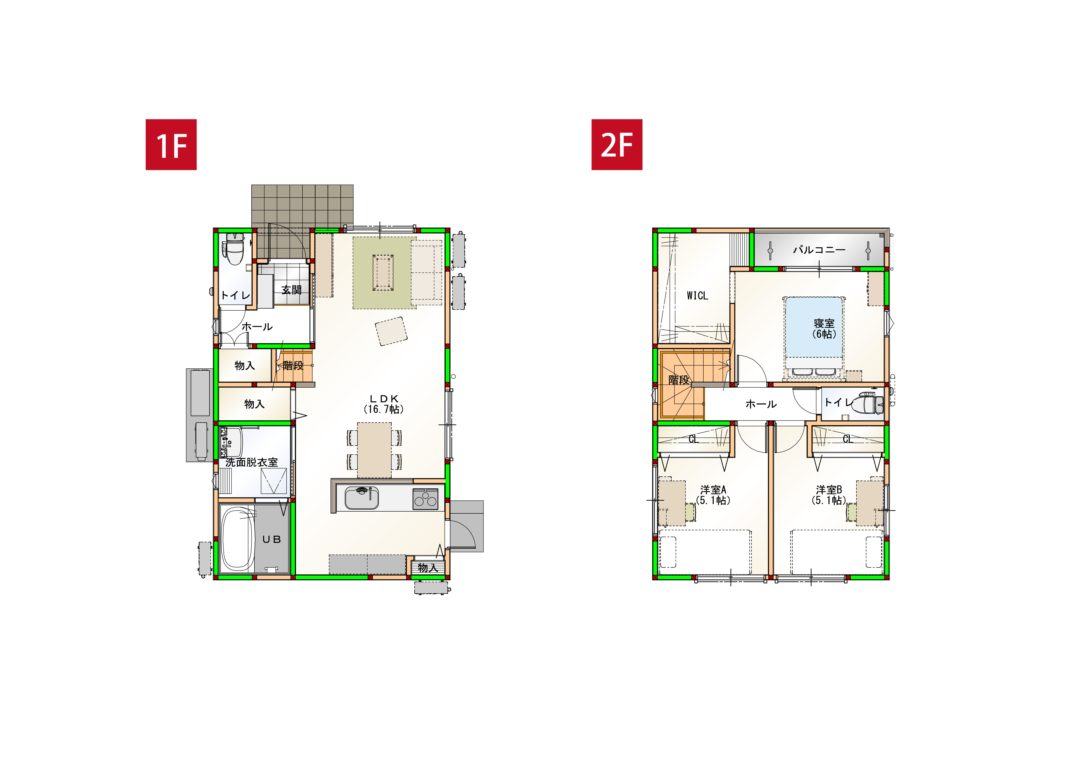 水回りを近くすることで家事導線を短くしました♪各部屋に収納付きで空間をすっきりさせられます！