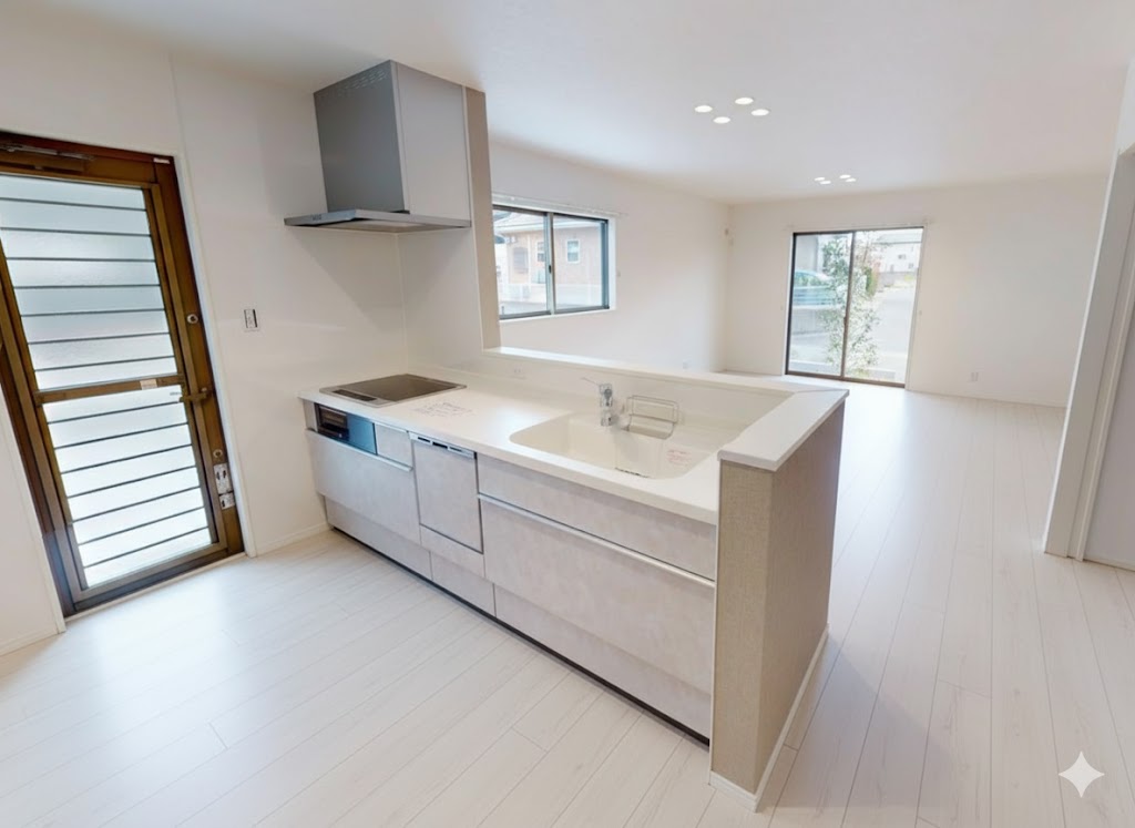 対面式キッチンは家事をしながら家族を見守り、コミュニケーションの取れる人気のスタイル。食洗器付きで洗い物の時間を削減でき、家事の負担を軽減してくれるキッチンです。※施工事例です。実物とは異なります。詳しくはお問い合わせください。 