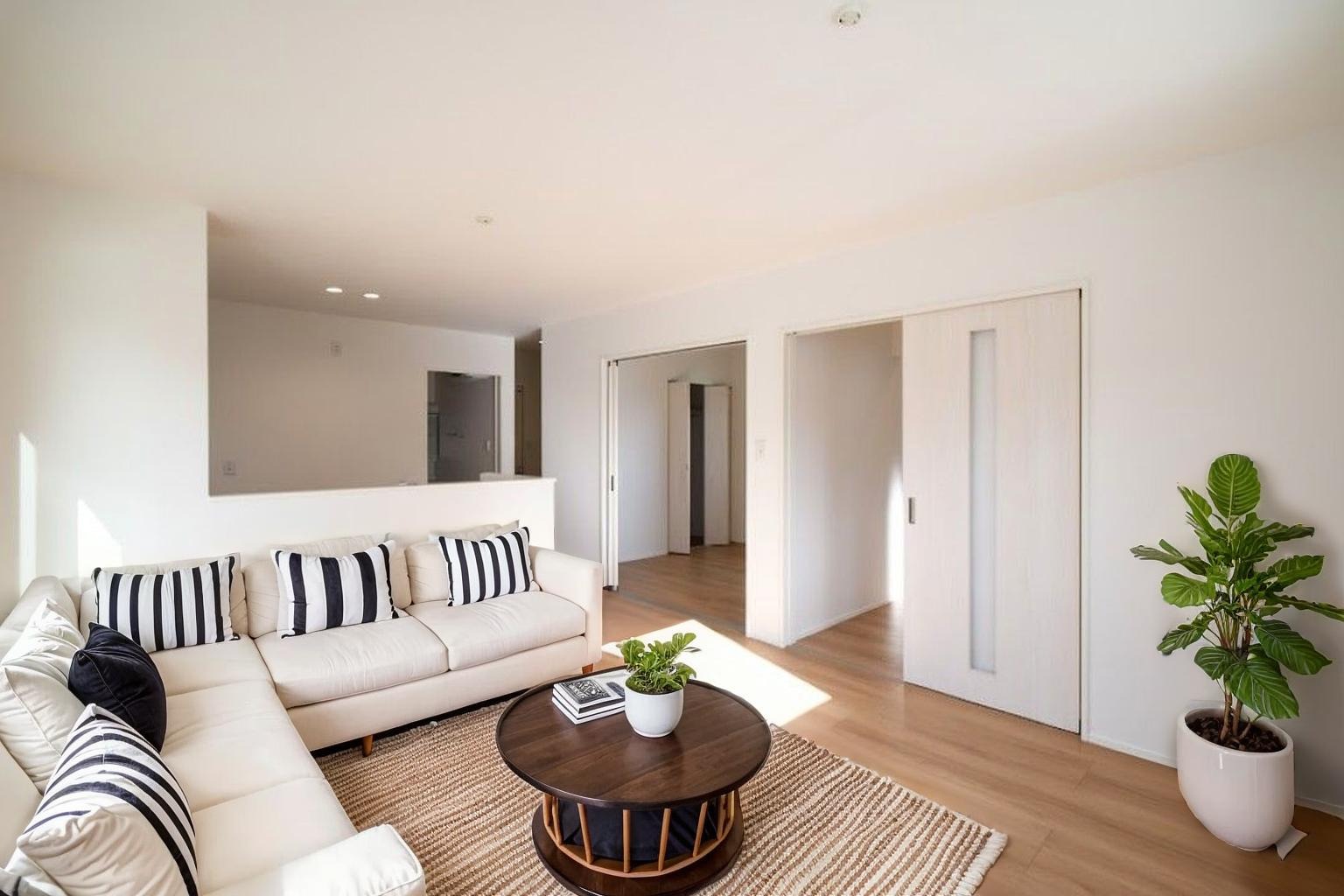 家族が集まるリビングは広々15.1帖！キッチンからもリビングが見渡せるため、どこに居ても家族を感じ、会話もはずみますね。 ※施工事例です。実物とは異なります。詳しくはお問い合わせください。「※CGにて家具を配置しています」