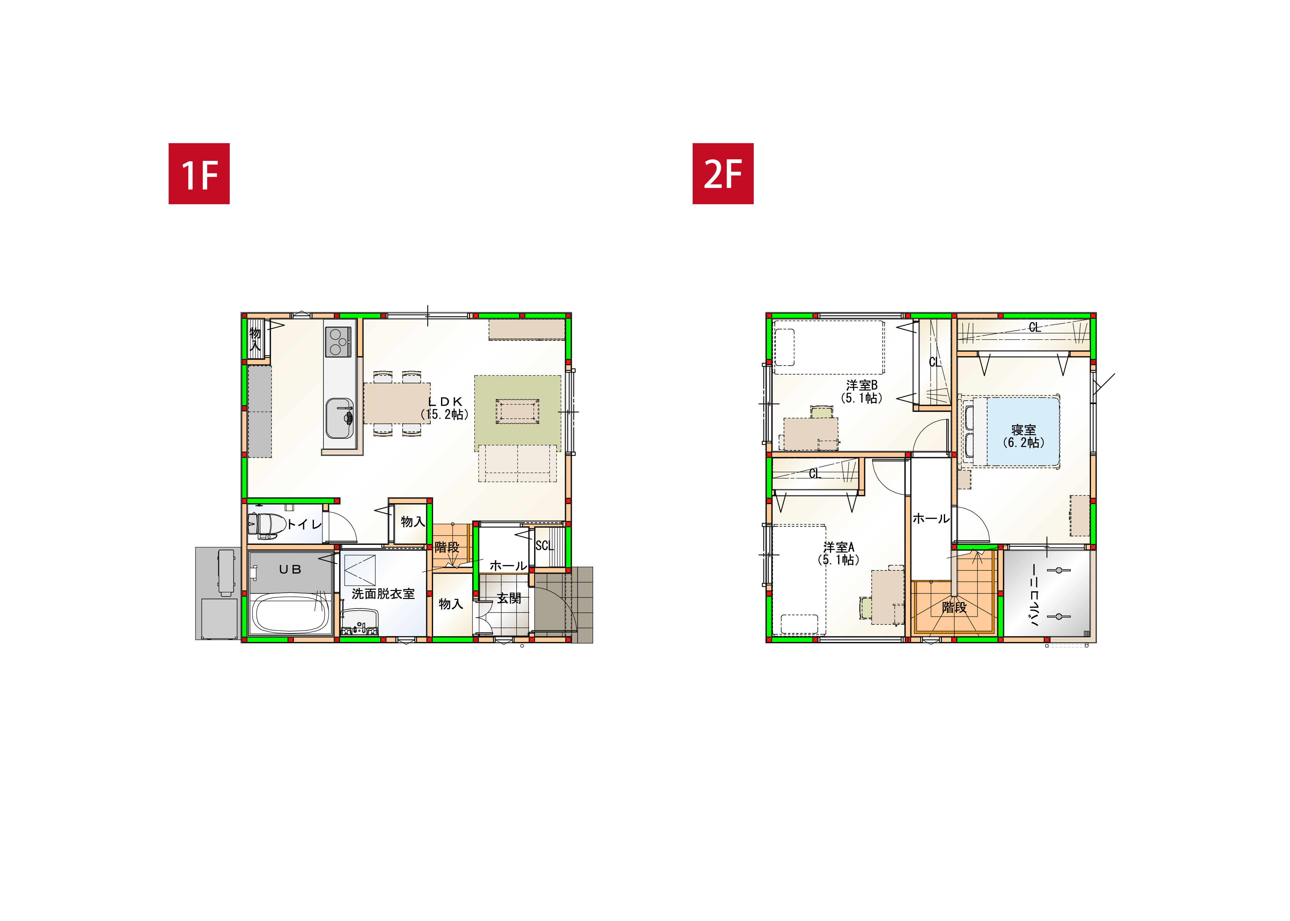 水回りを近くすることで家事導線を短くしました♪各部屋に収納付きで空間をすっきりさせられます！